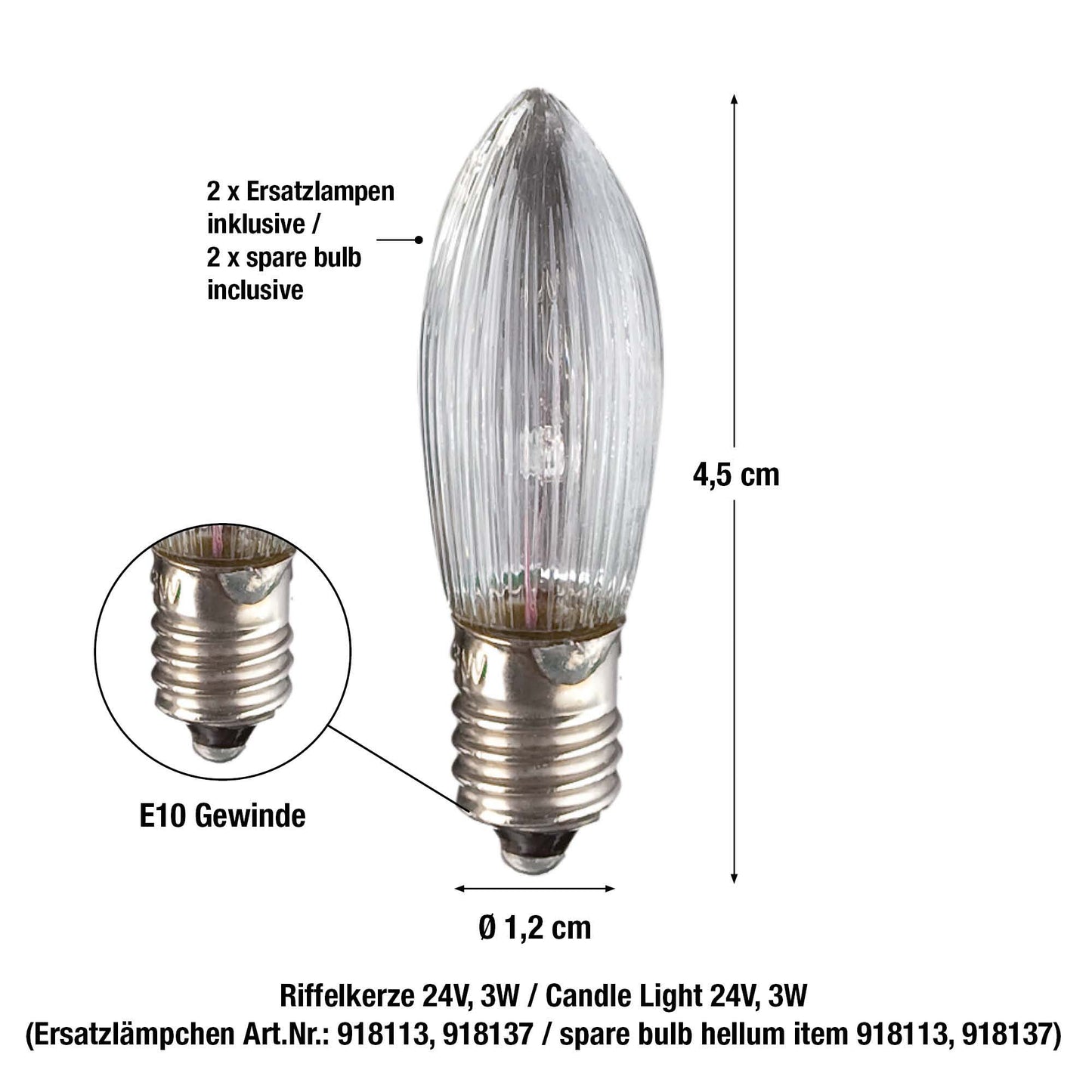 10-tlg. Riffelkerzenkette klare Lampen, für innen, mit EU-Stecker