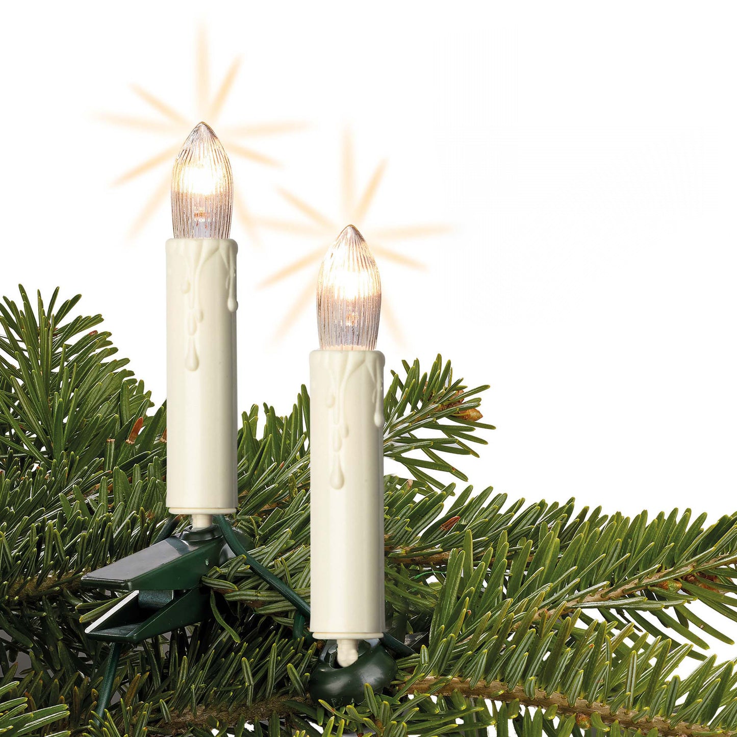 Hellum Lichterkette Weihnachtsbaum, 15 Christbaumkerzen in elfenbein mit Wachstropfen und Clip, Weihnachtsdeko, beleuchtete Länge 9.8m, Fassungsabstand 70cm, Kabelfarbe grün <59 Lumen 611533