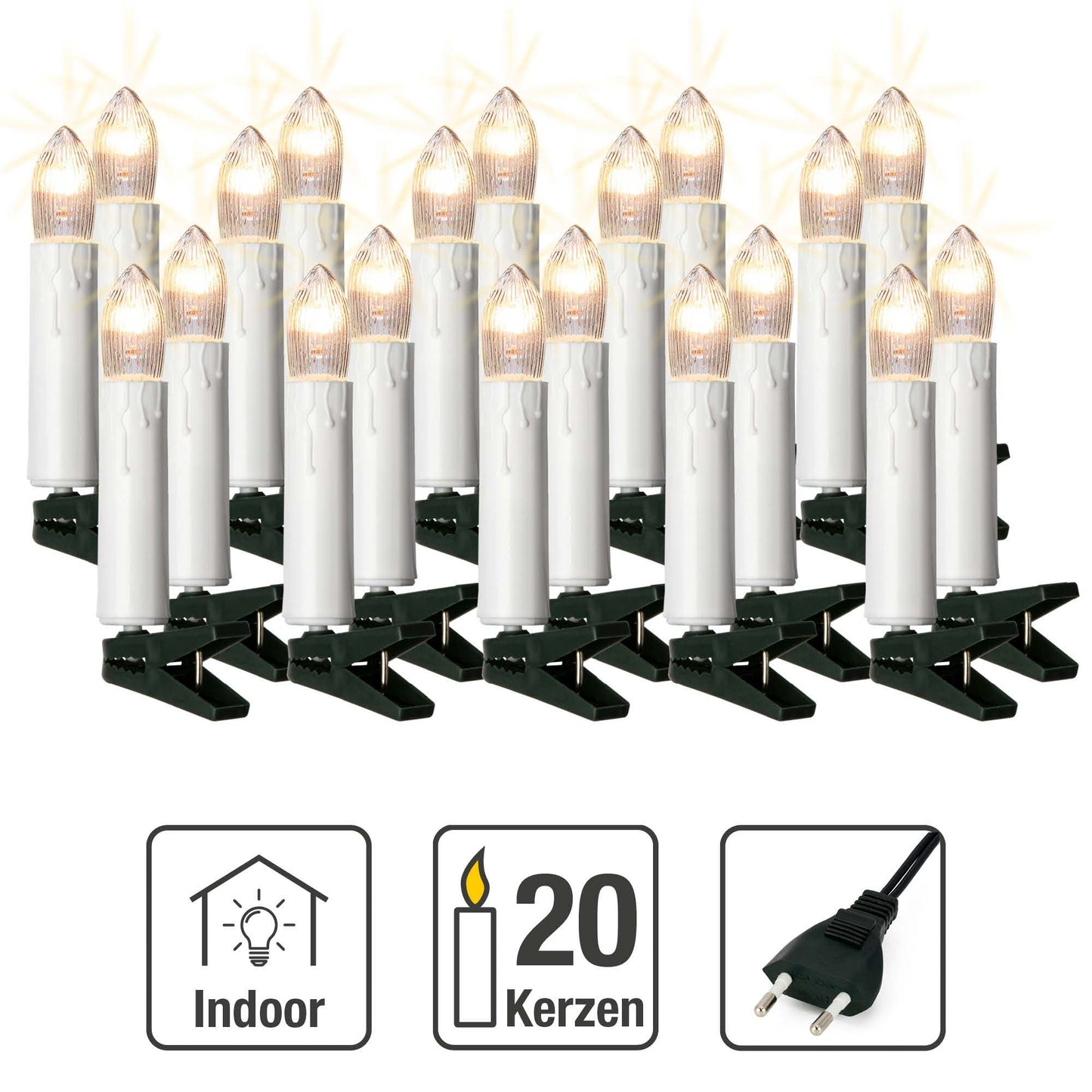 20-tlg. Riffelkerzenkette, mit Tropfen, klare Lampen, mit EU-Stecker, für innen