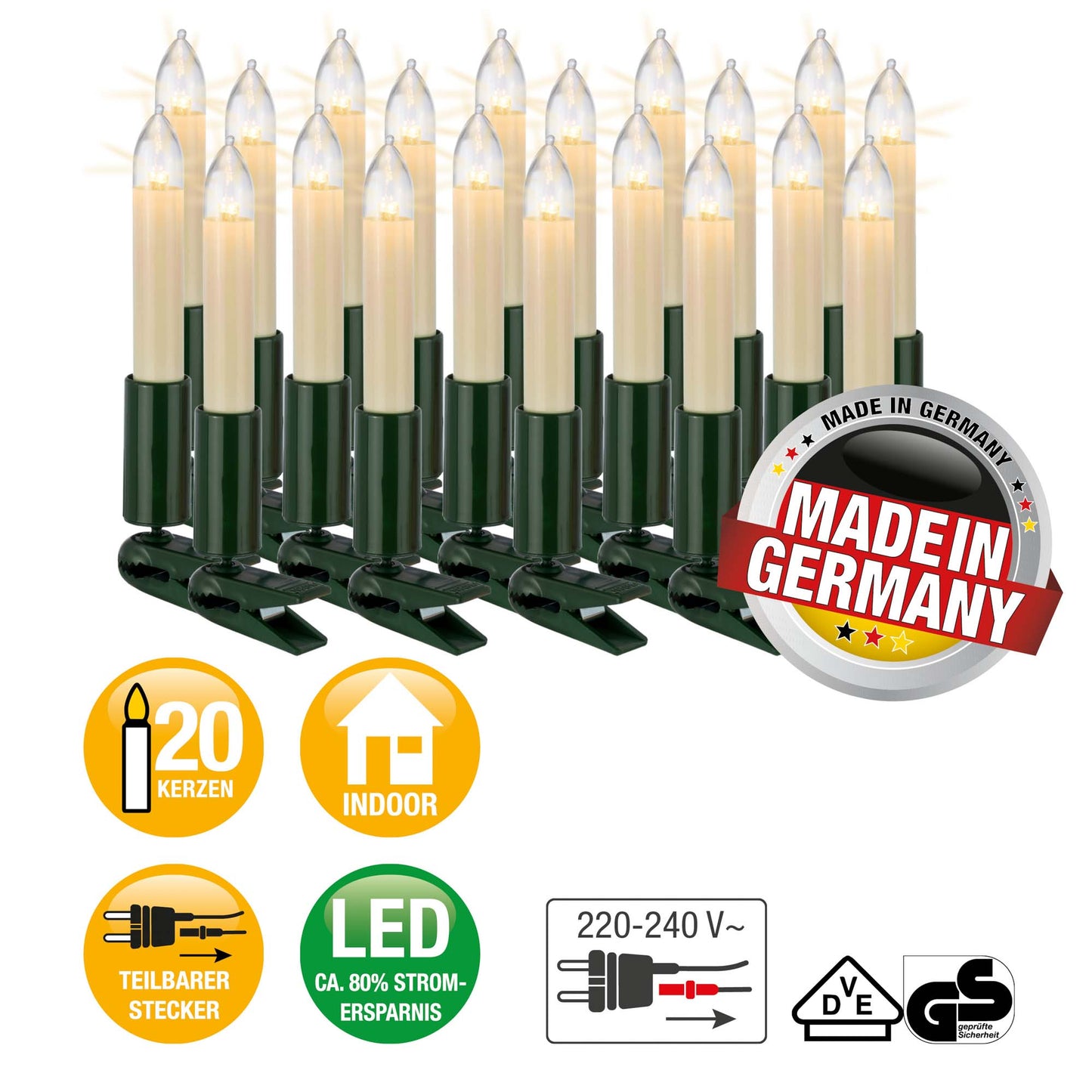LED Schaftkerzenkette, 20 LEDs ww, für innen, teilbarer Stecker