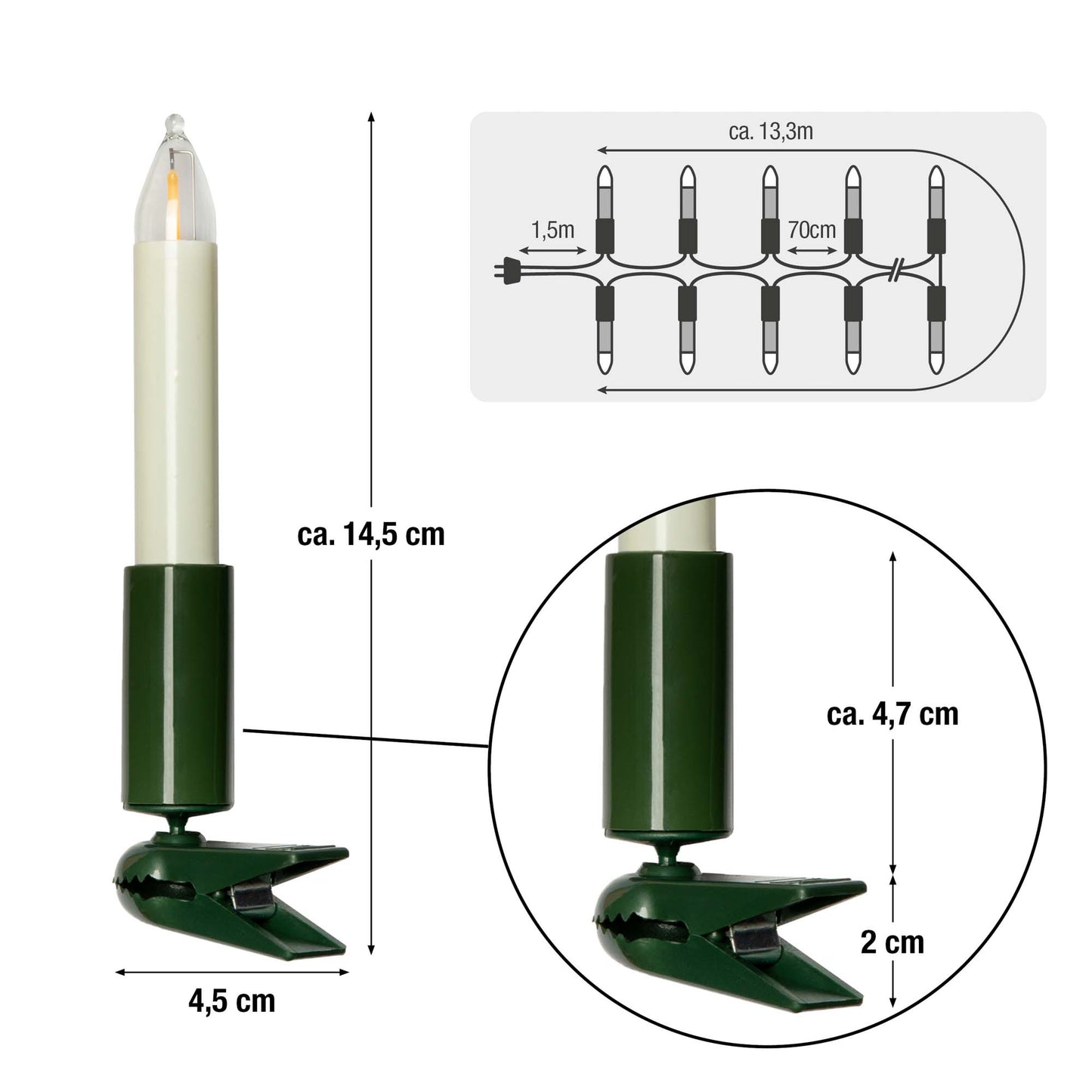 LED-Filament Schaftkerzenkette 20 LEDs ww, für innen, teilbarer Stecker