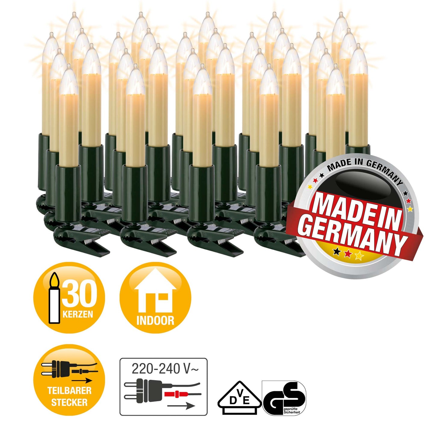 30-tlg. Schaftkerzenkette, klare Lampen, für innen, teilbarer Stecker