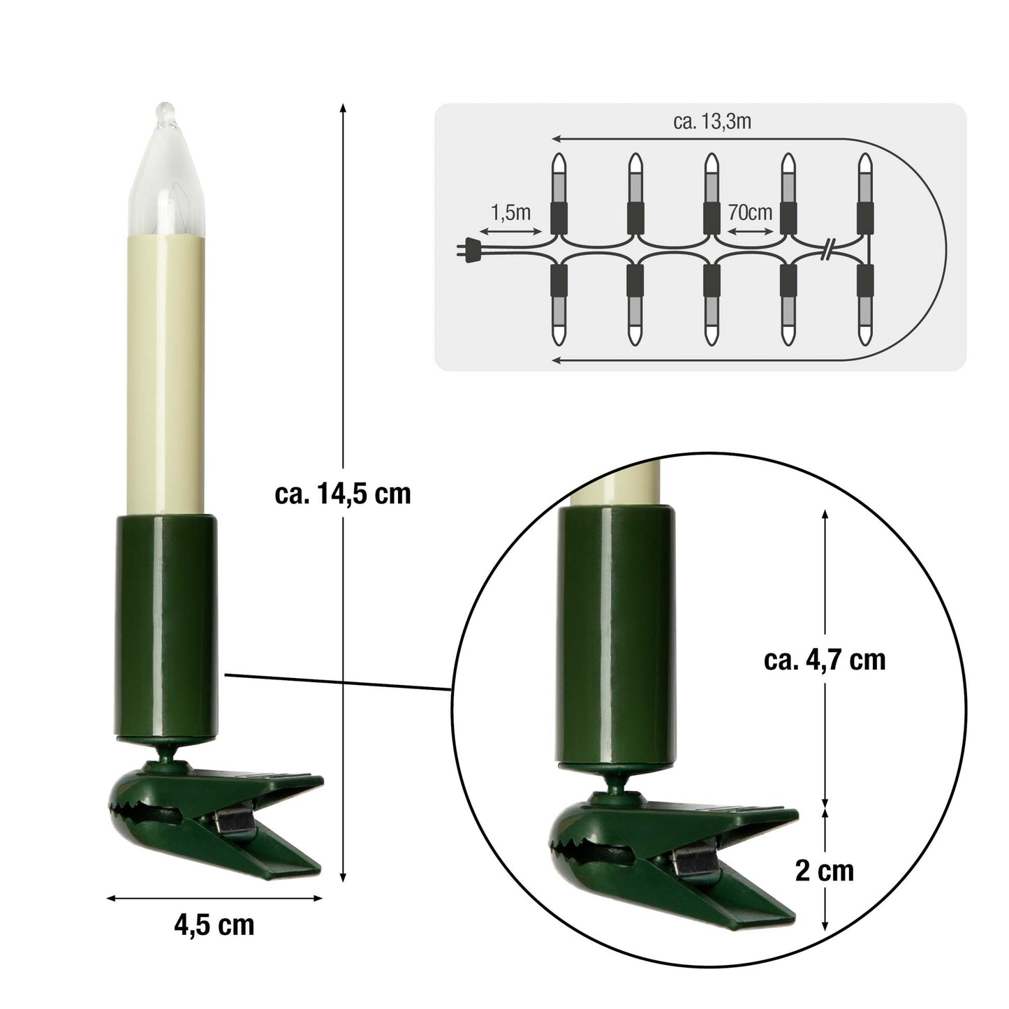 30-tlg. Schaftkerzenkette, klare Lampen, für innen, teilbarer Stecker