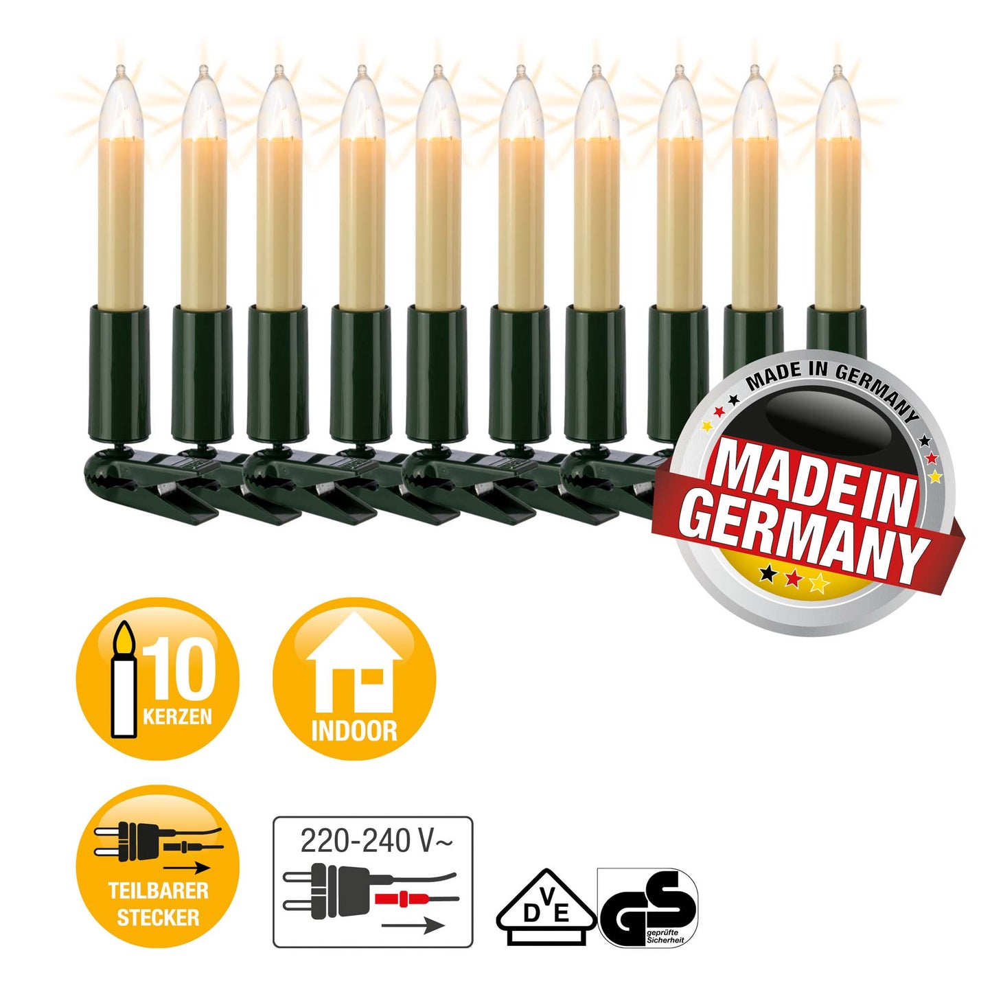 10-tlg. Schaftkerzenkette, klare Lampen, für innen, teilb. Stecker