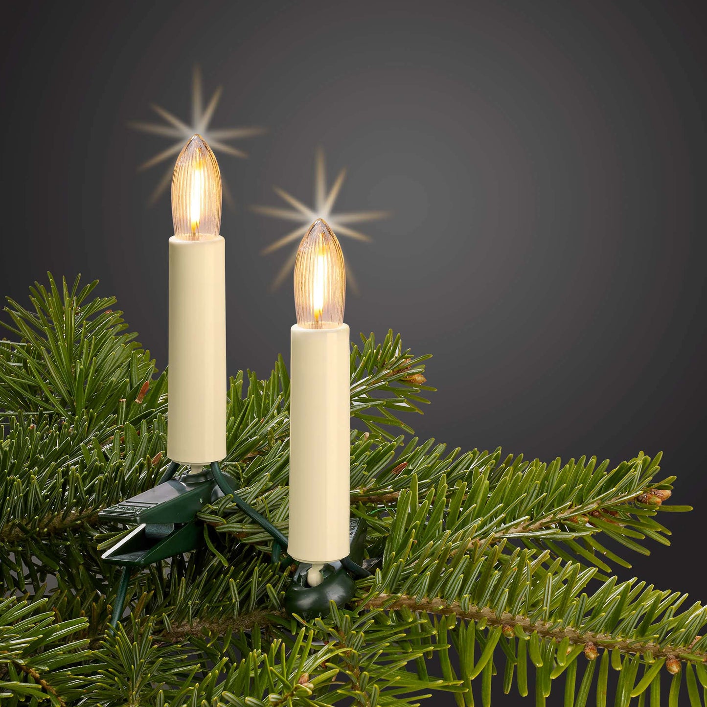 Lichterkette Weihnachtsbaum LED Filament, innen 20 teilig, Made in Germany, Riffelkerzen, Schaft elfenbein