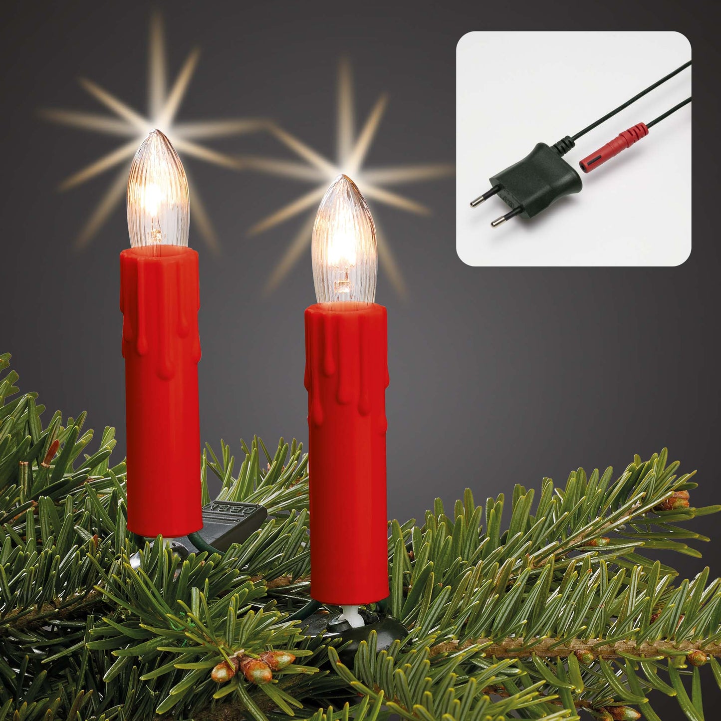Riffelkerzenkette, roter Schaft mit Tropfen, 15 klare Lampen, für innen, teilbarer Stecker