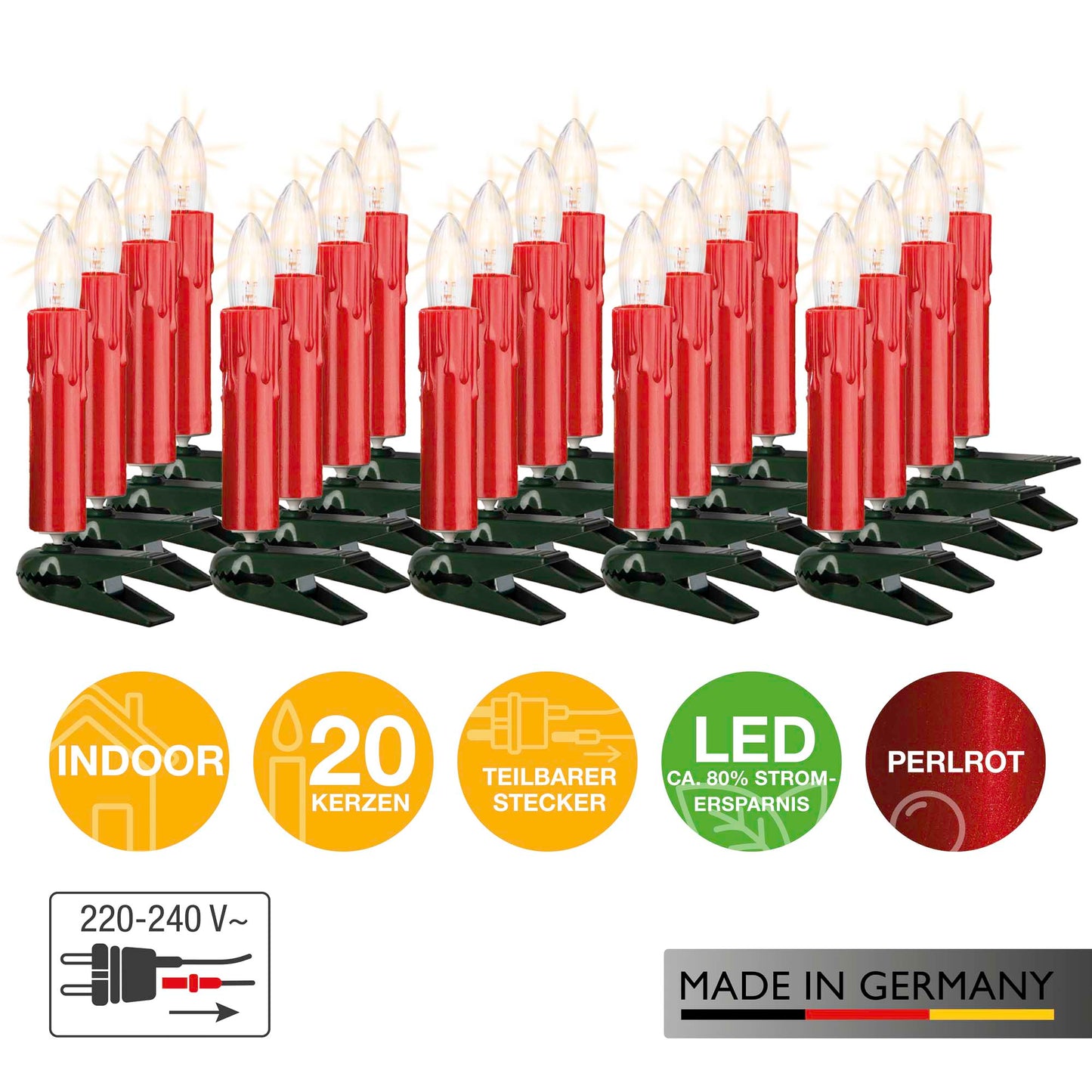 20-tlg. Riffelkerzenkette, roter Schaft mit Tropfen, klare Lampen, für innen, teilb. Stecker