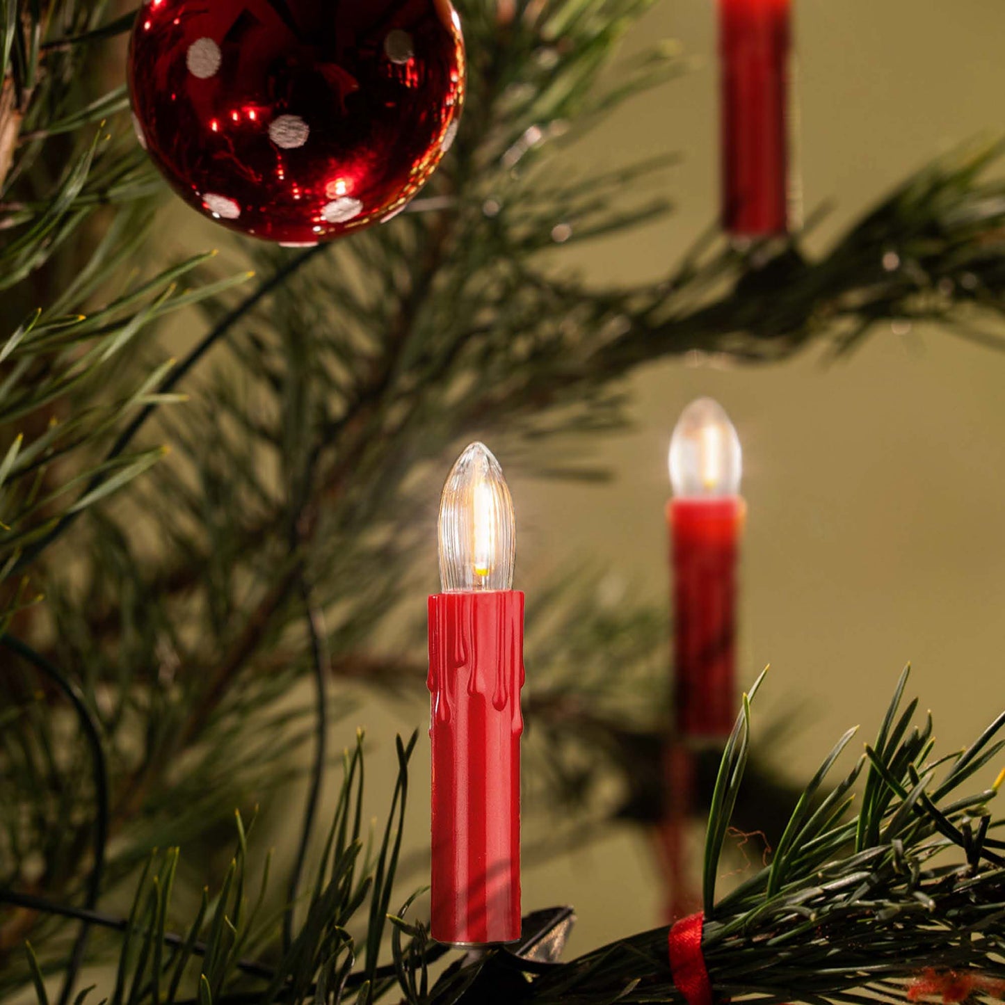 Lichterkette Weihnachtsbaum LED Filament, innen 20 teilig, Made in Germany, Riffelkerzen, mit Wachstropfen, rot