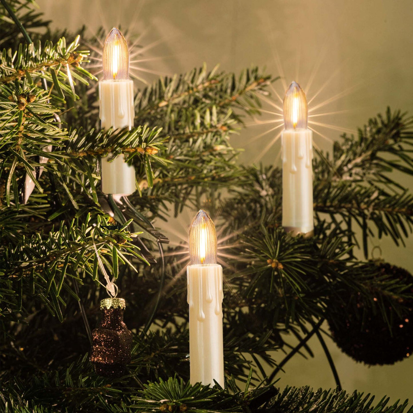 Lichterkette Weihnachtsbaum LED Filament, innen 30 teilig, Made in Germany, Riffelkerzen, mit Wachstropfen, elfenbein