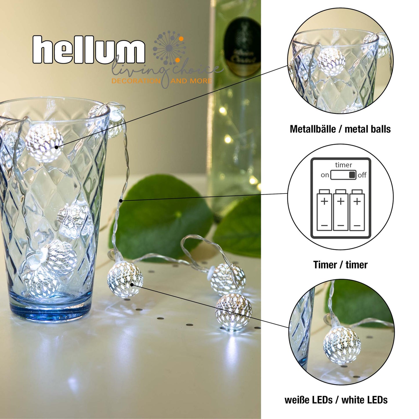 10-tlg. LED-Lichterkette, mit Metallbällen, warm-weiß, transparentes Kabel, batteriebetrieben