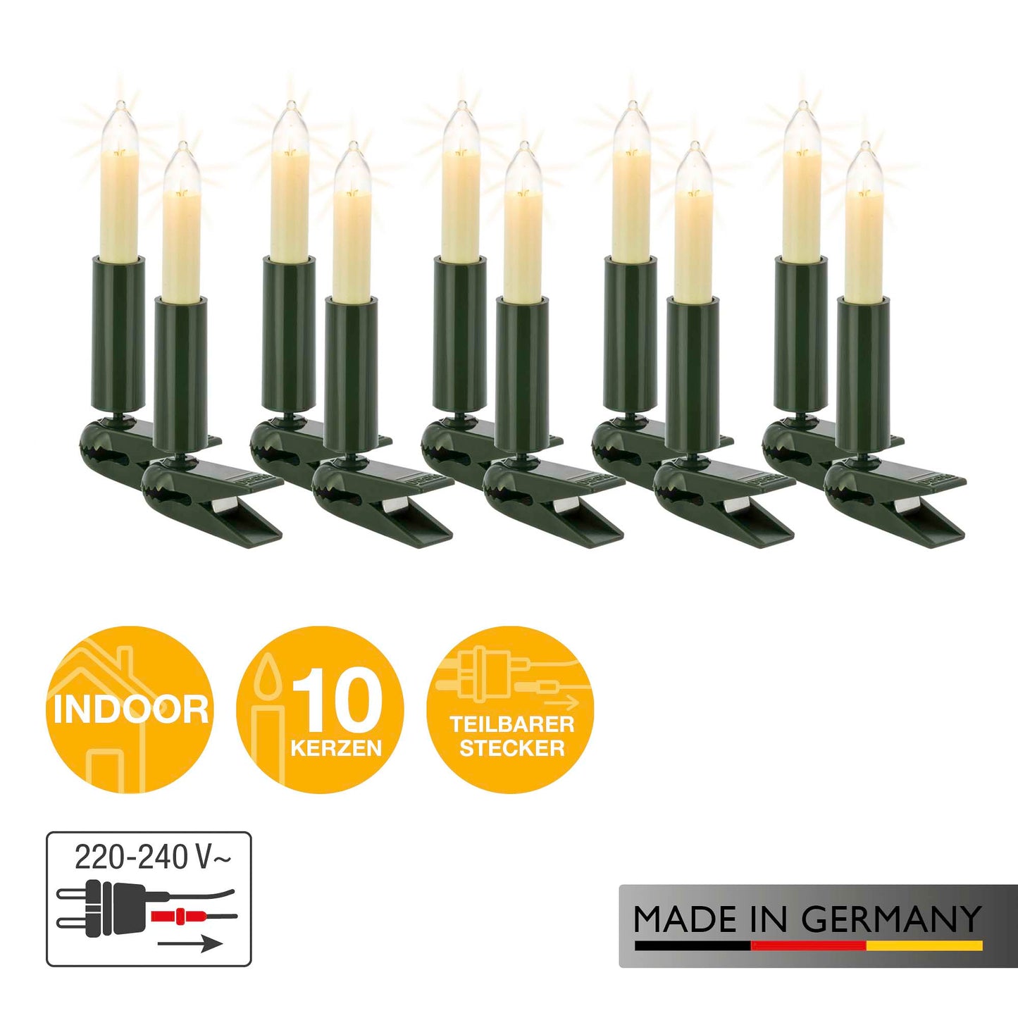 Kleinschaftkerzenkette, elfenbein, 10 Lampen klar, für innen
