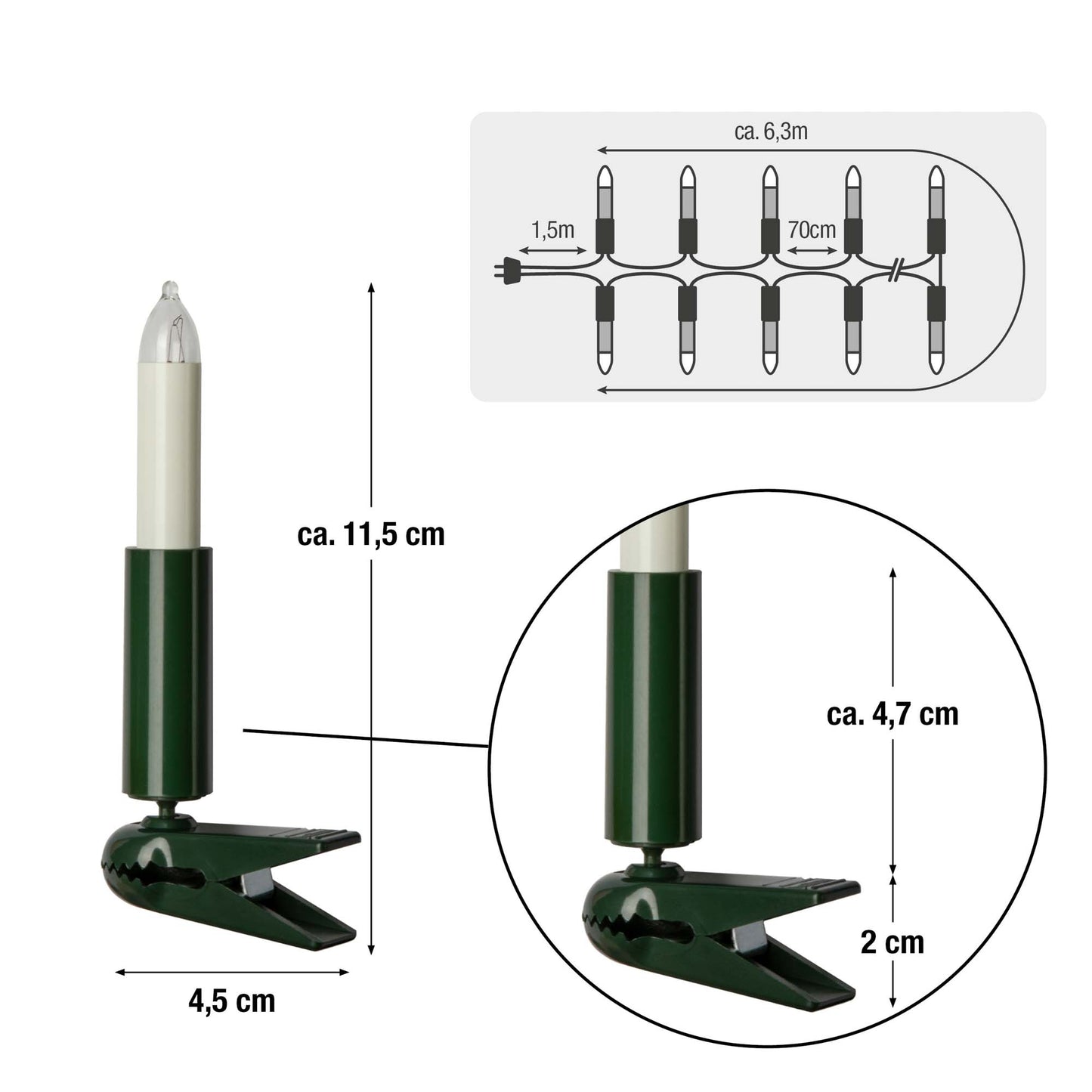 Kleinschaftkerzenkette, elfenbein, 10 Lampen klar, für innen