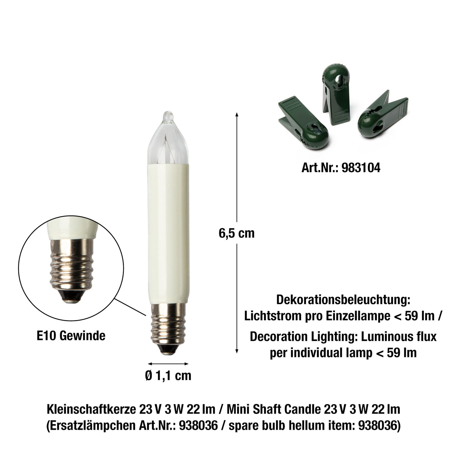 Kleinschaftkerzenkette, elfenbein, 10 Lampen klar, für innen