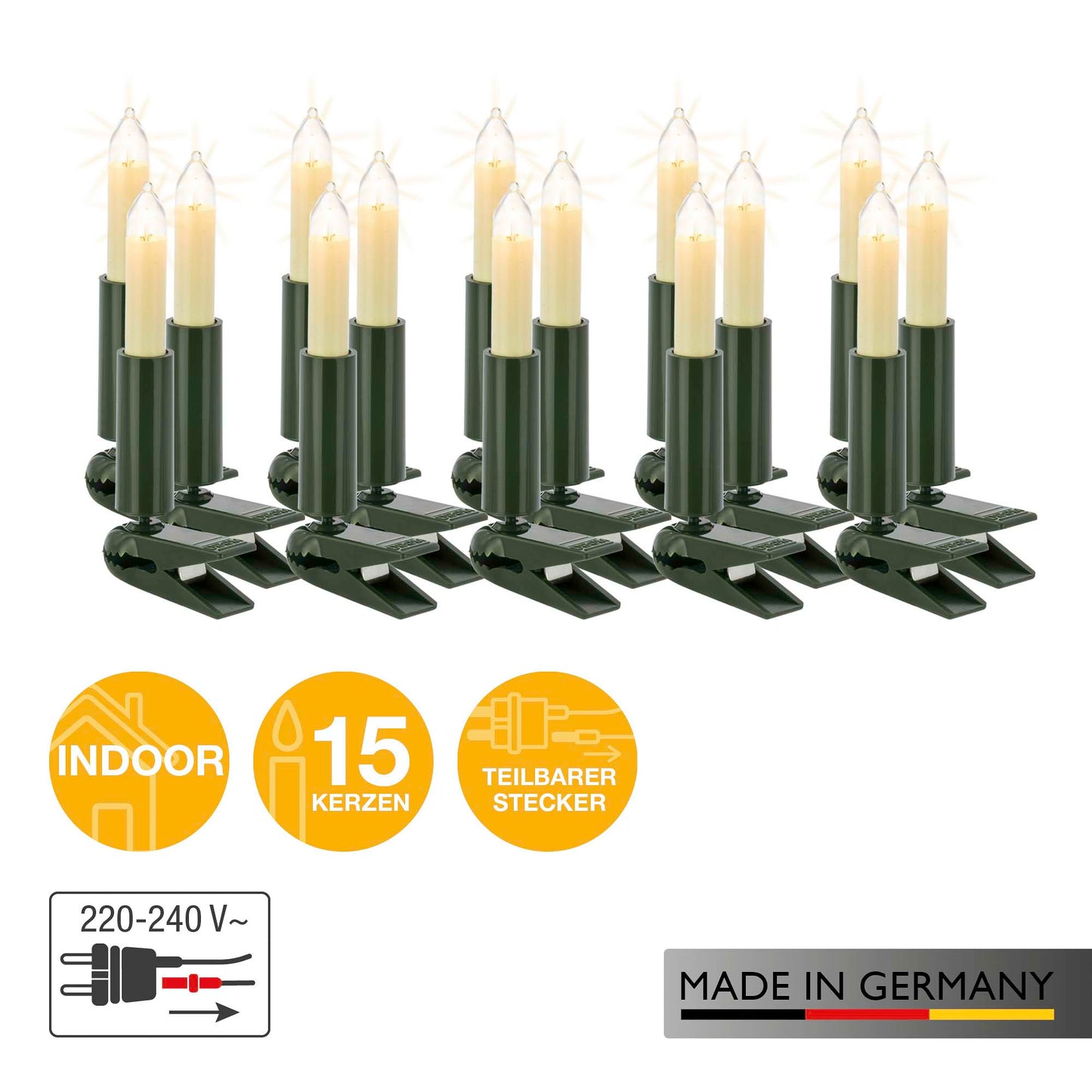 15-tlg. Kleinschaftkerzenkette, klare Lampen, für innen, teilbarer Stecker
