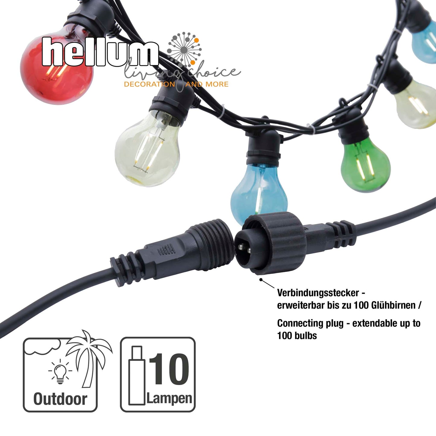 LED-Filament Party-Lichterkette, 10 LEDs bunt, Außen-Transformator