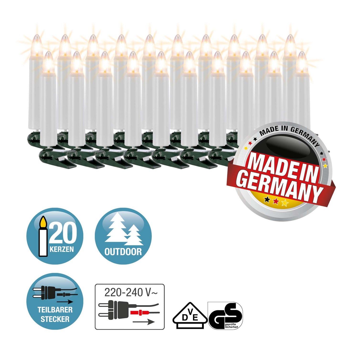 20-tlg. Riffelkerzenkette, klare Lampen, für außen, teilb. Stecker