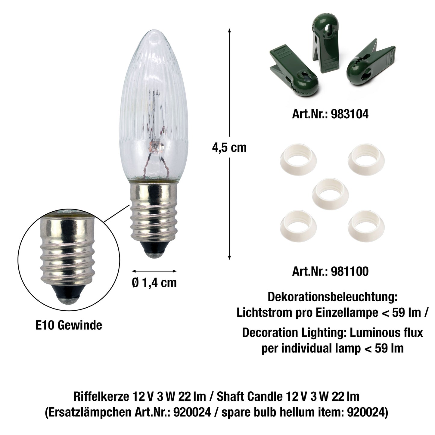 20-tlg. Riffelkerzenkette, klare Lampen, für außen, teilb. Stecker