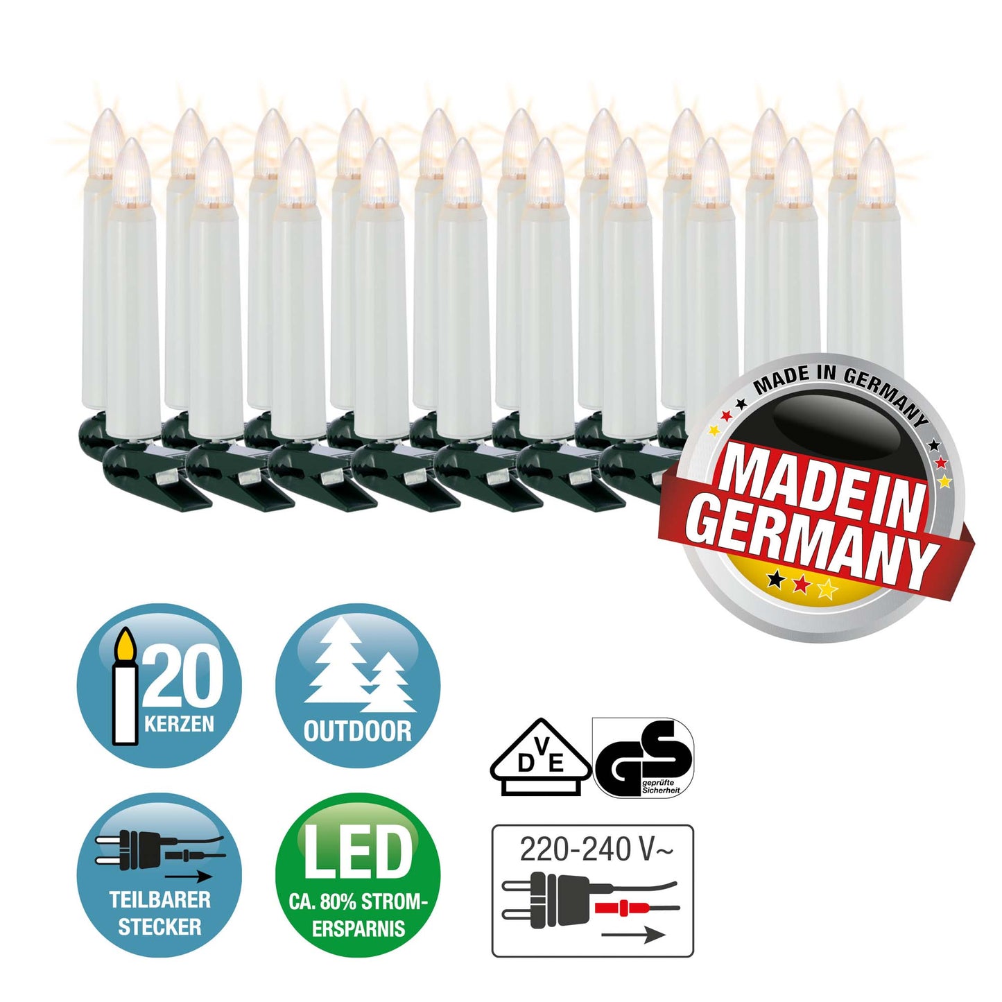 20-tlg. LED-Riffelkerzenkette, warm-weiß, für außen, teilb. Stecker