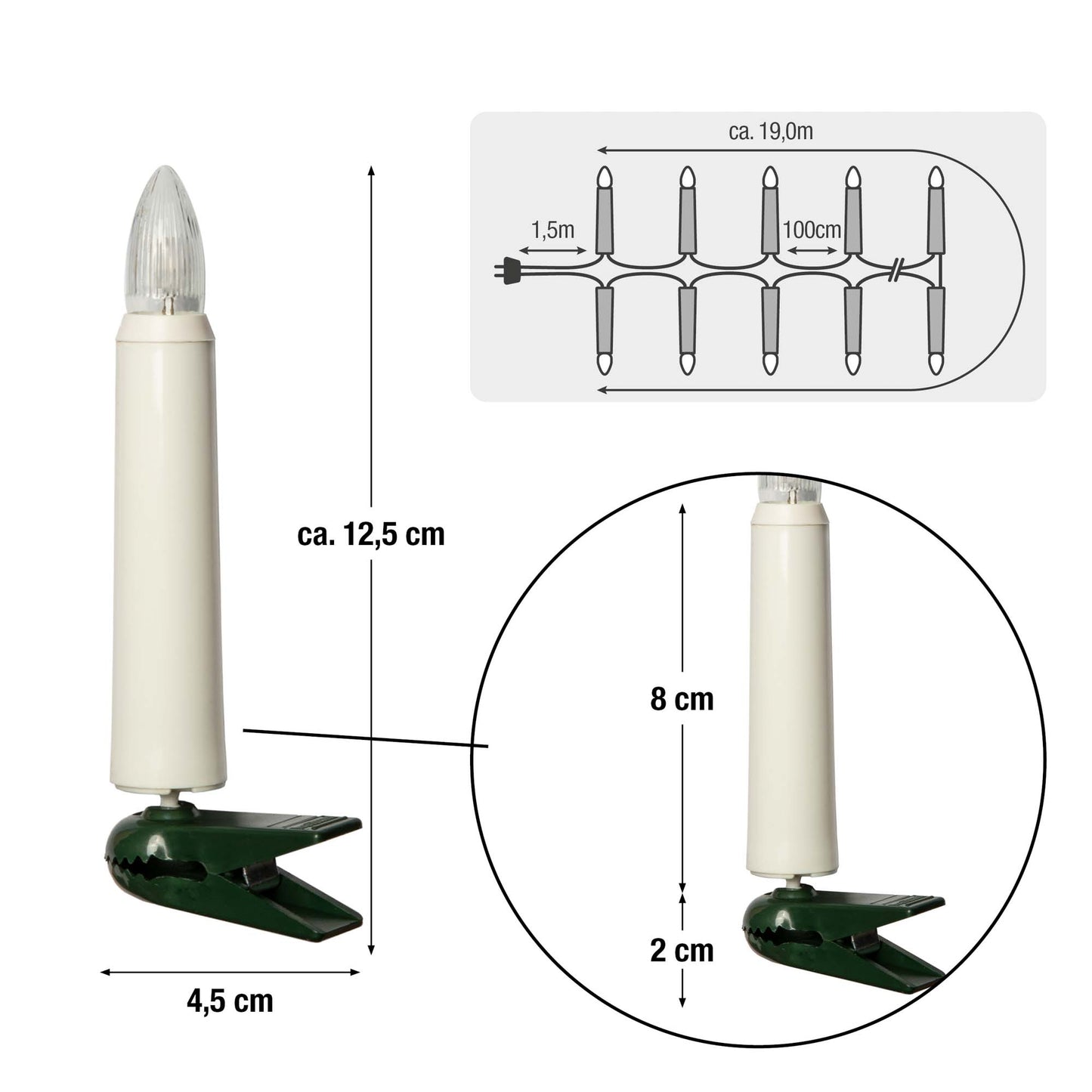 20-tlg. LED-Riffelkerzenkette, warm-weiß, für außen, teilb. Stecker