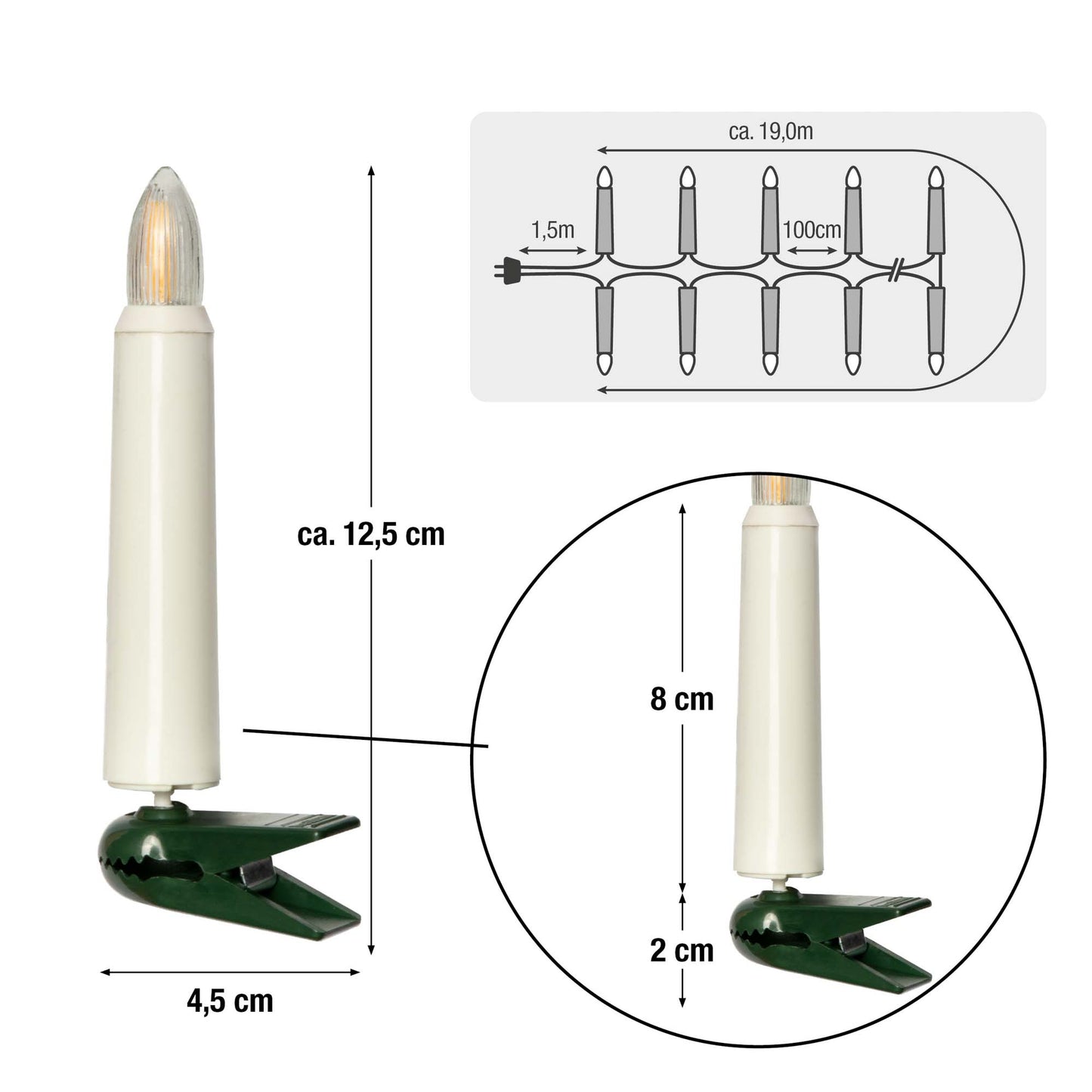 20-tlg Christbaum LED-Filament-Riffelkerzenkette, für außen 842500 mit 2x Ersatzkerzen