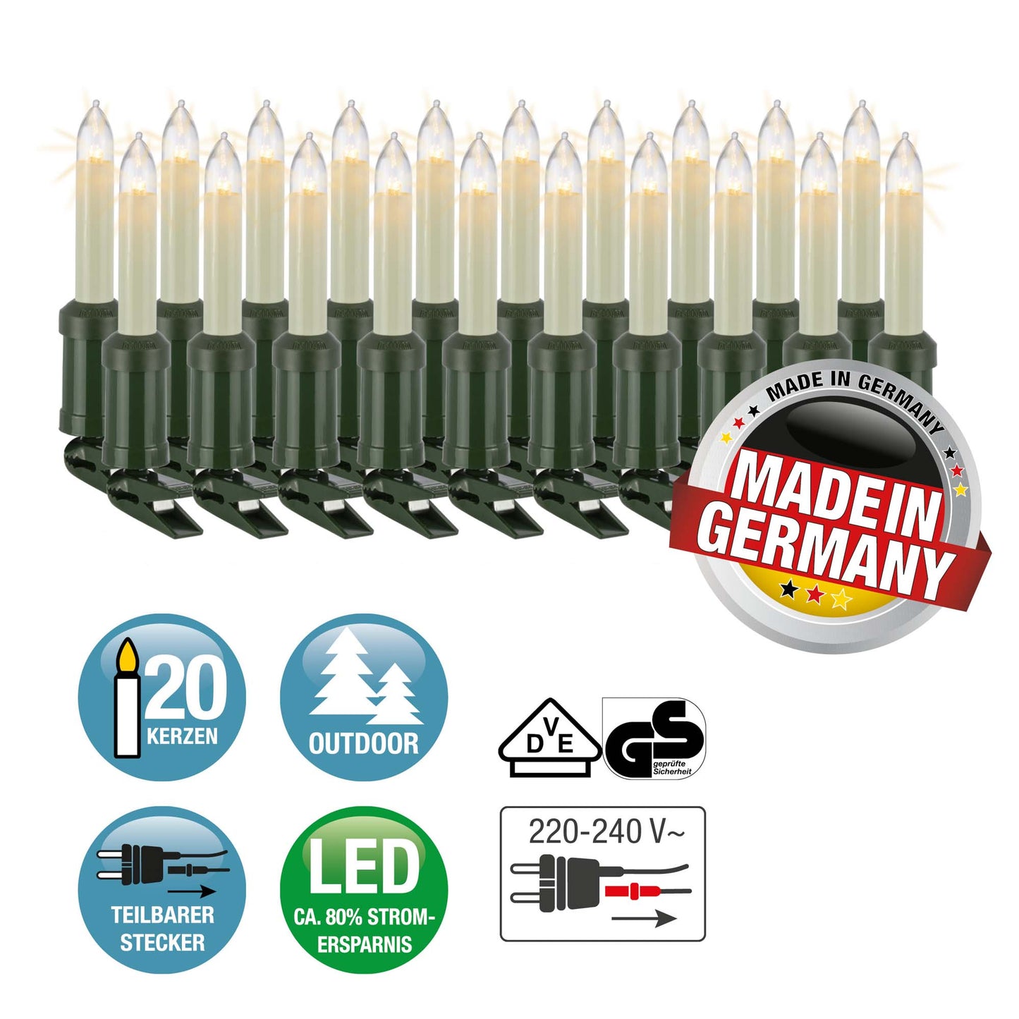 20-tlg. LED-Schaftkerzenkette, warm-weiß, für außen, teilb. Stecker