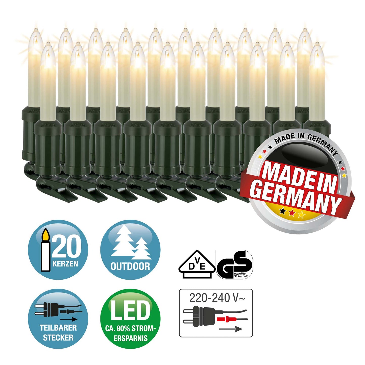 LED-Filament Schaftkerzenkette 20 LEDs ww, für außen