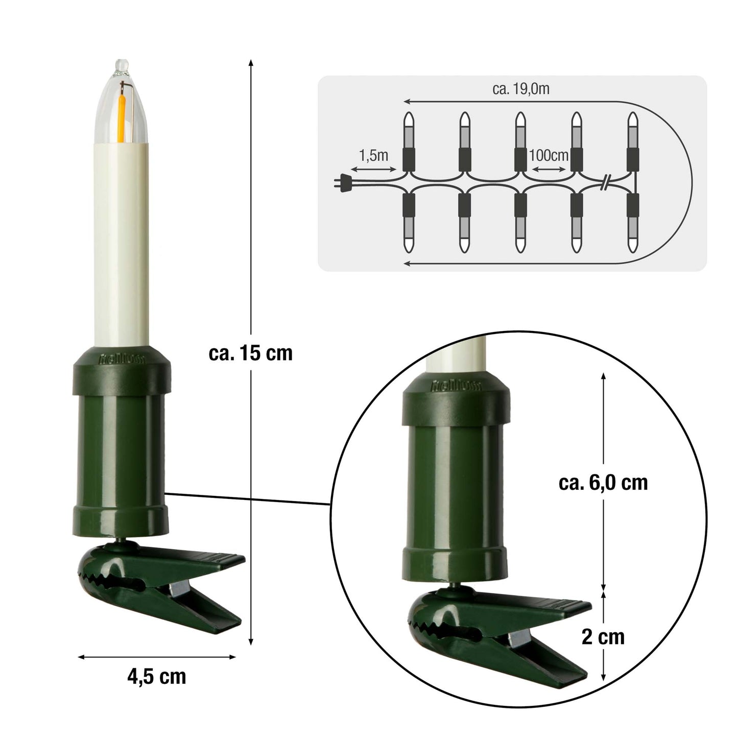 20-tlg. LED-Filament-Schaftkerzenkette, warm-weiß, für außen, teilb. Stecker_845556 mit 2x Ersatzkerzen