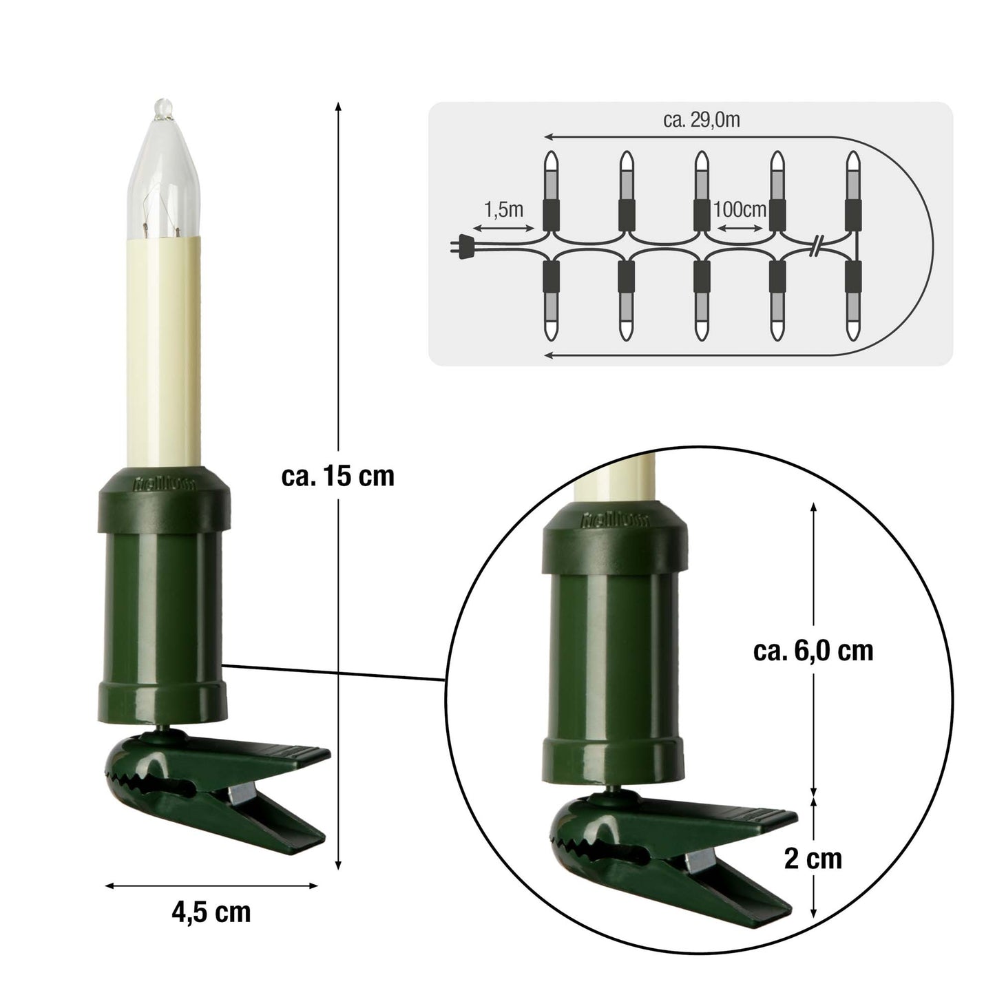 30-tlg. Schaftkerzenkette, klare Lampen, für außen, teilbarer Stecker
