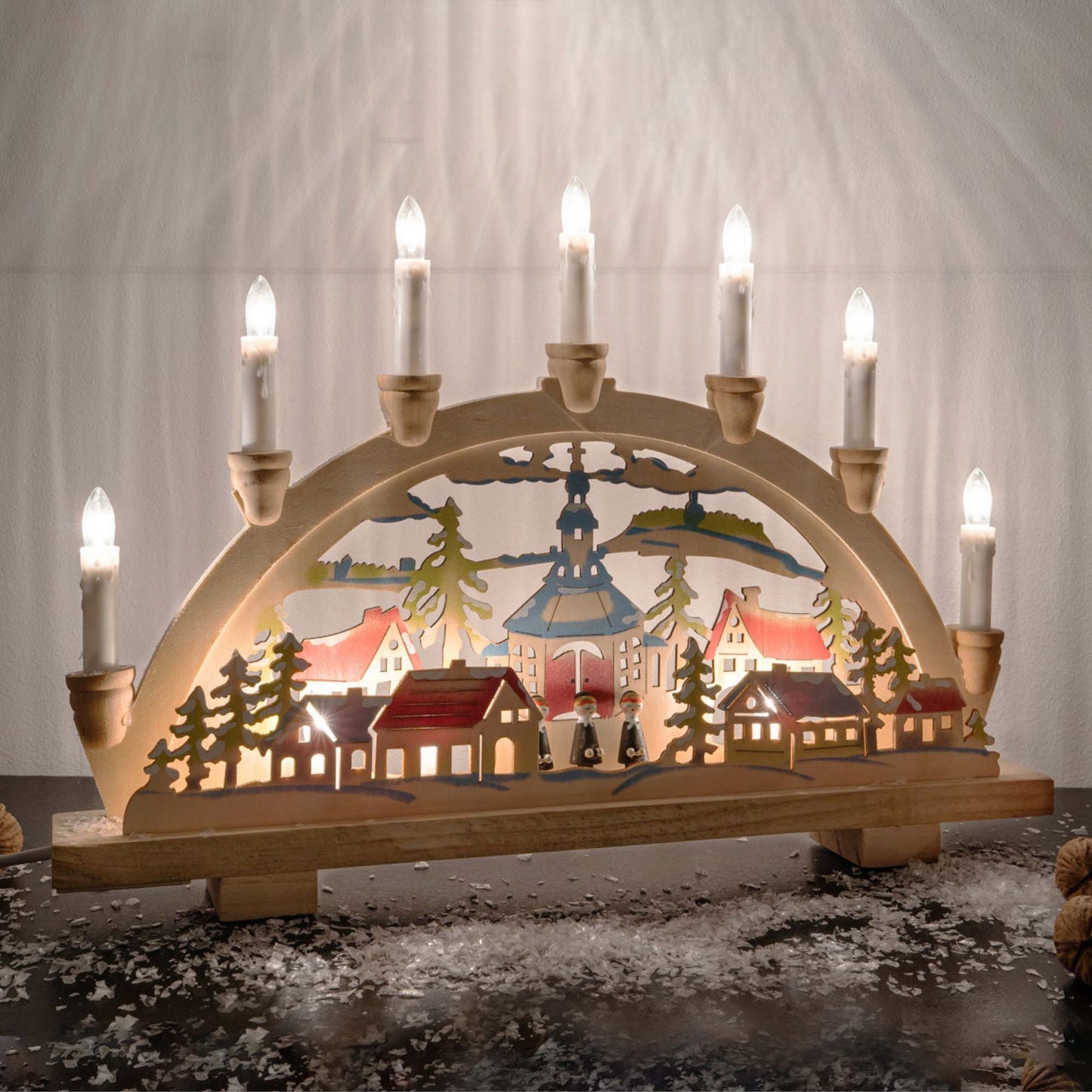 10-tlg. Holzleuchter "Seiffen", natur/bunt, LED Filament Steckerzuleitung 1,5 m