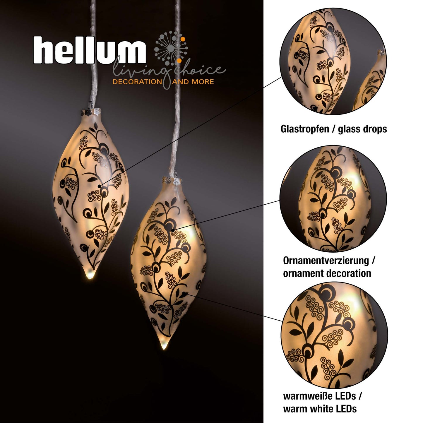 Hellum LED Glaskugeln in Tropfenform, 16 LEDs, ø13 x 23,8cm, matt mit Blumenmuster 2er Set,878035