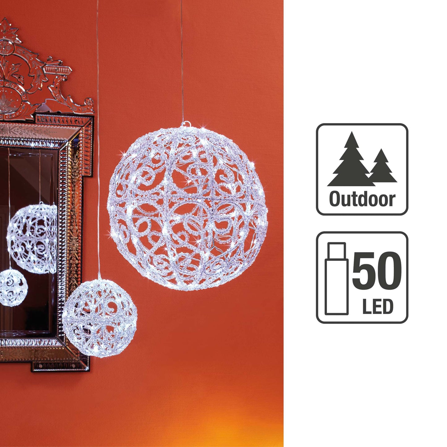 LED-Acryl-Deko-Kugel, 50 kalt-weiße LEDs, 30 cm Ø, IP 44 Außen-Transformator