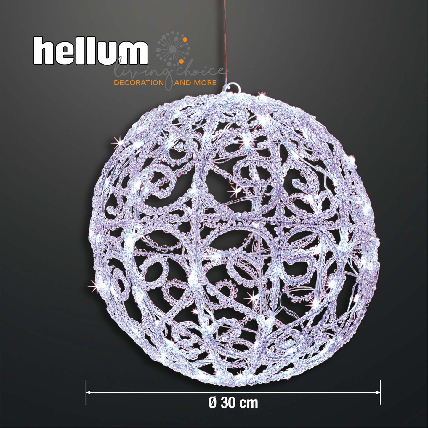 LED-Acryl-Deko-Kugel, 50 kalt-weiße LEDs, 30 cm Ø, IP 44 Außen-Transformator