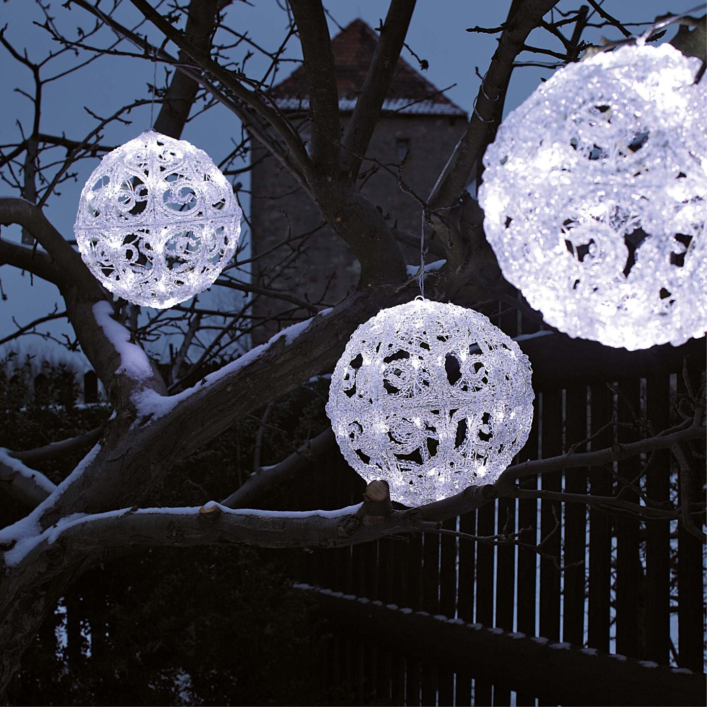 LED-Acryl-Deko-Kugel, 50 kalt-weiße LEDs, 30 cm Ø, IP 44 Außen-Transformator