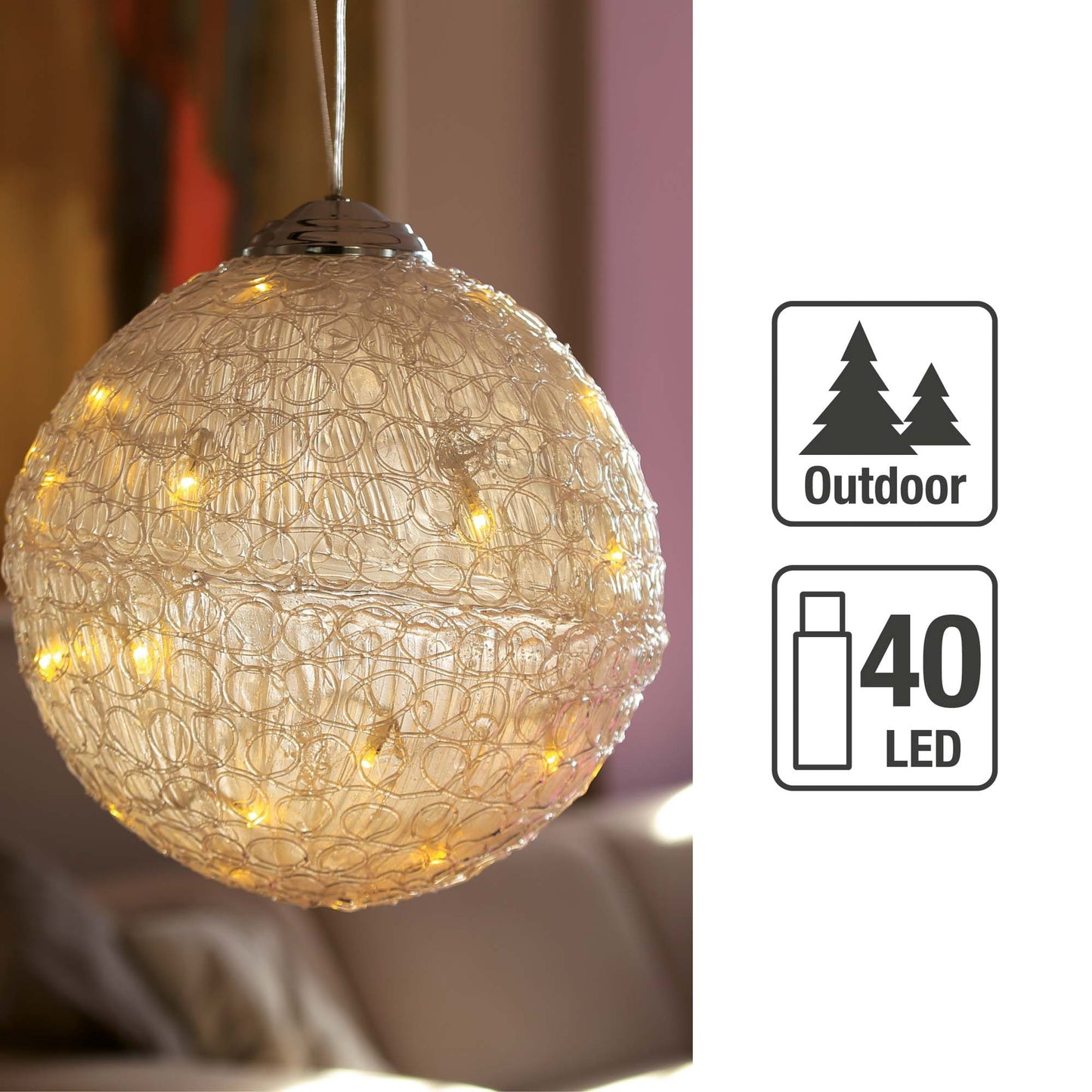 LED-Acryl-Deko-Kugel, 40 warm-weiße LEDs, 30 cm Ø, IP 44 Außen-Transformator