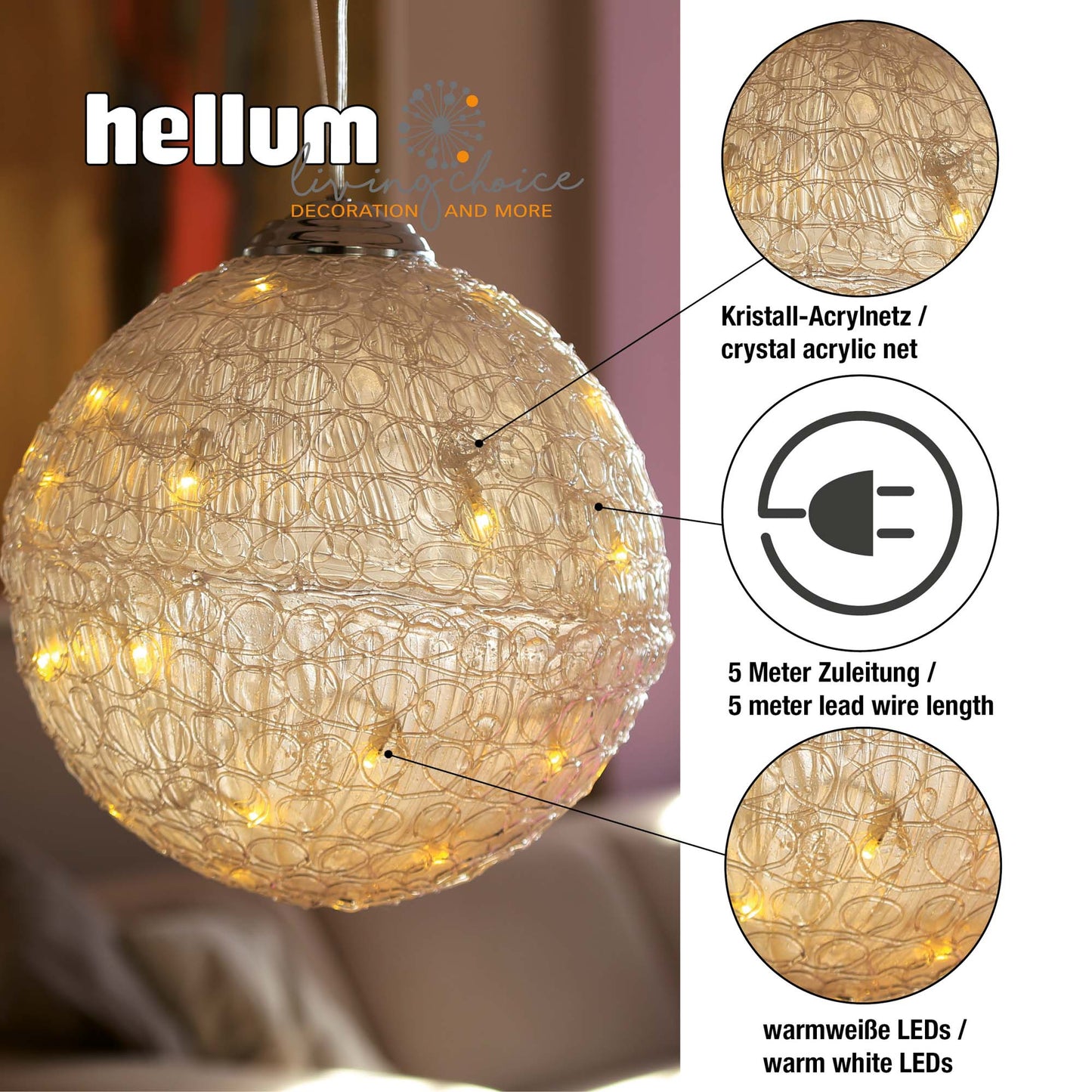 LED-Acryl-Deko-Kugel, 40 warm-weiße LEDs, 30 cm Ø, IP 44 Außen-Transformator