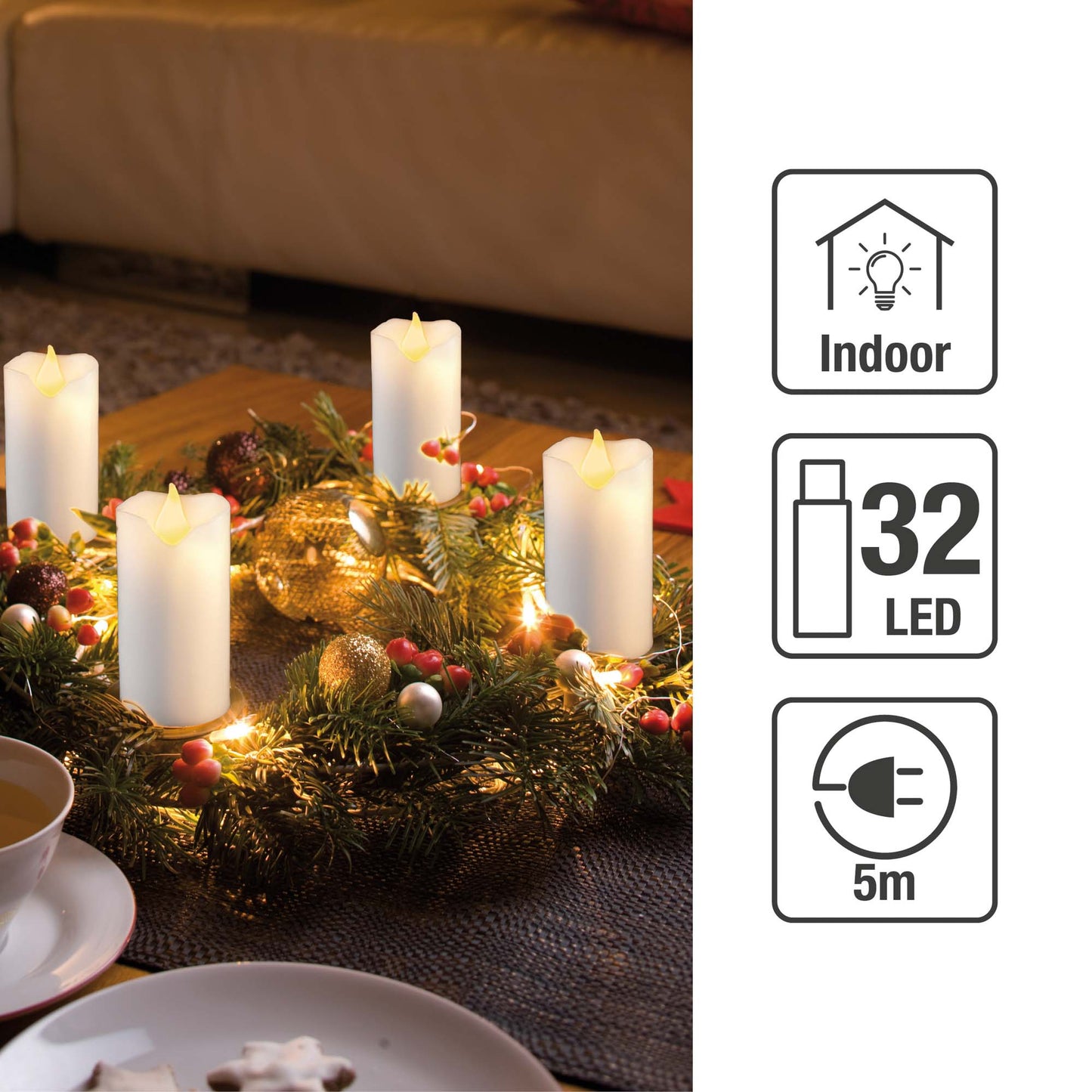 LED - Metallkranz weiß, DIA 35cm, zum Hängen und Stellen, 4 Echtwachskerzen
