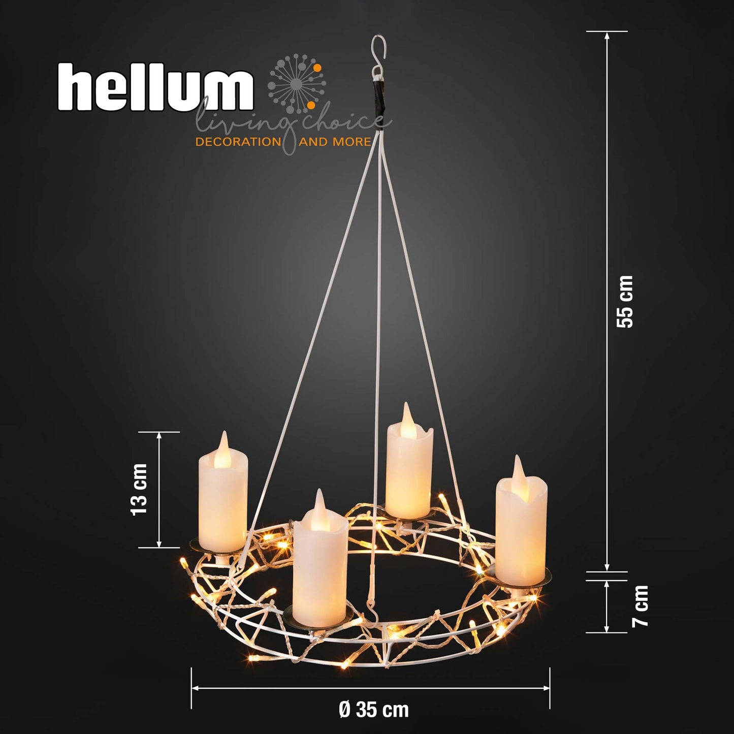 LED - Metallkranz weiß, DIA 35cm, zum Hängen und Stellen, 4 Echtwachskerzen