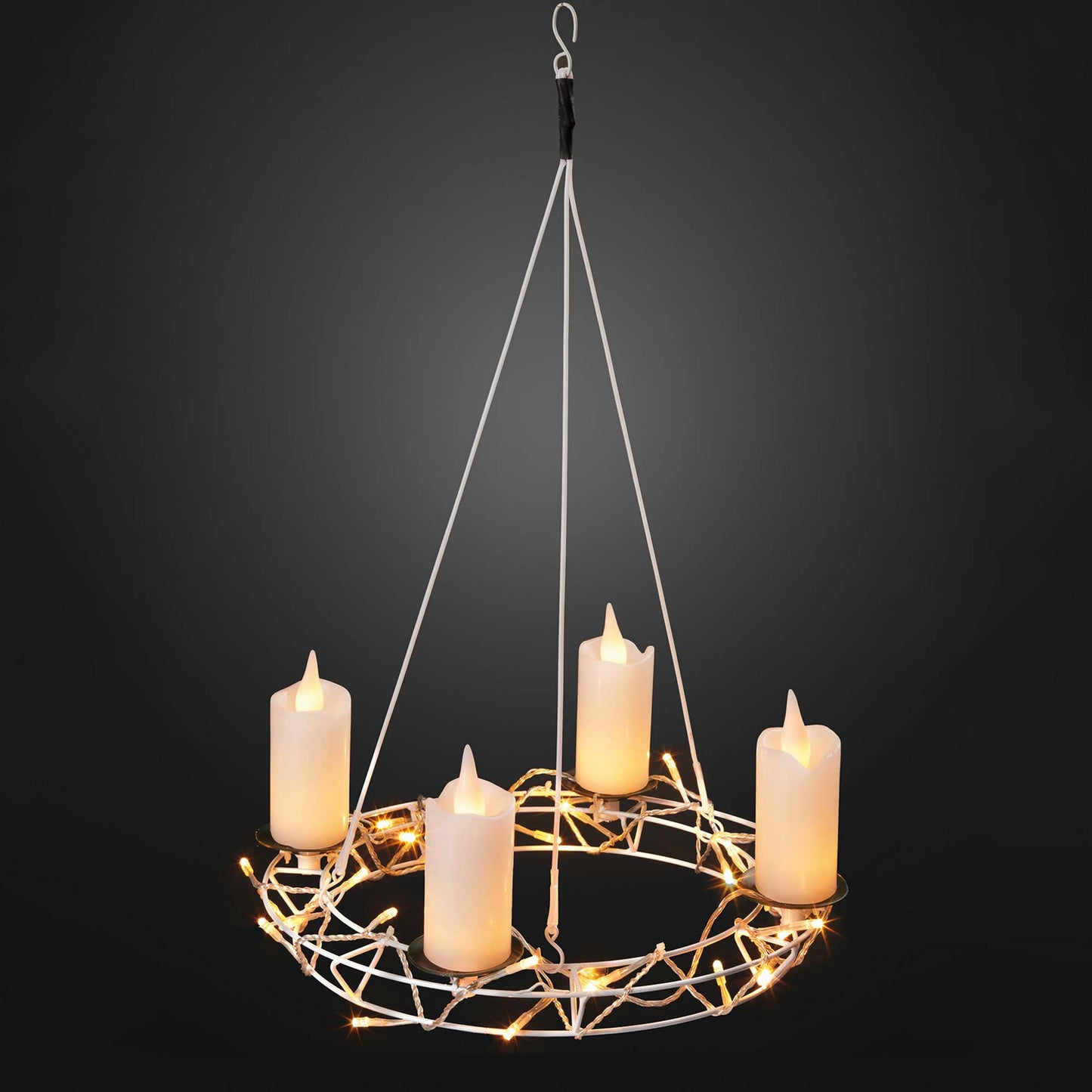 LED - Metallkranz weiß, DIA 35cm, zum Hängen und Stellen, 4 Echtwachskerzen
