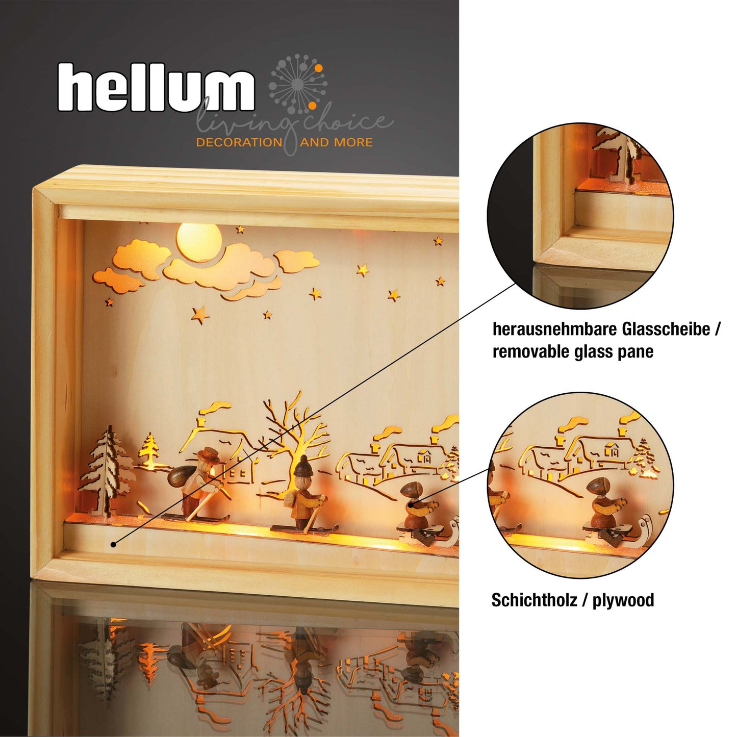 LED-Stimmungsbild im Holzrahmen, natur, 10 LEDs ww, Innen-Transformator