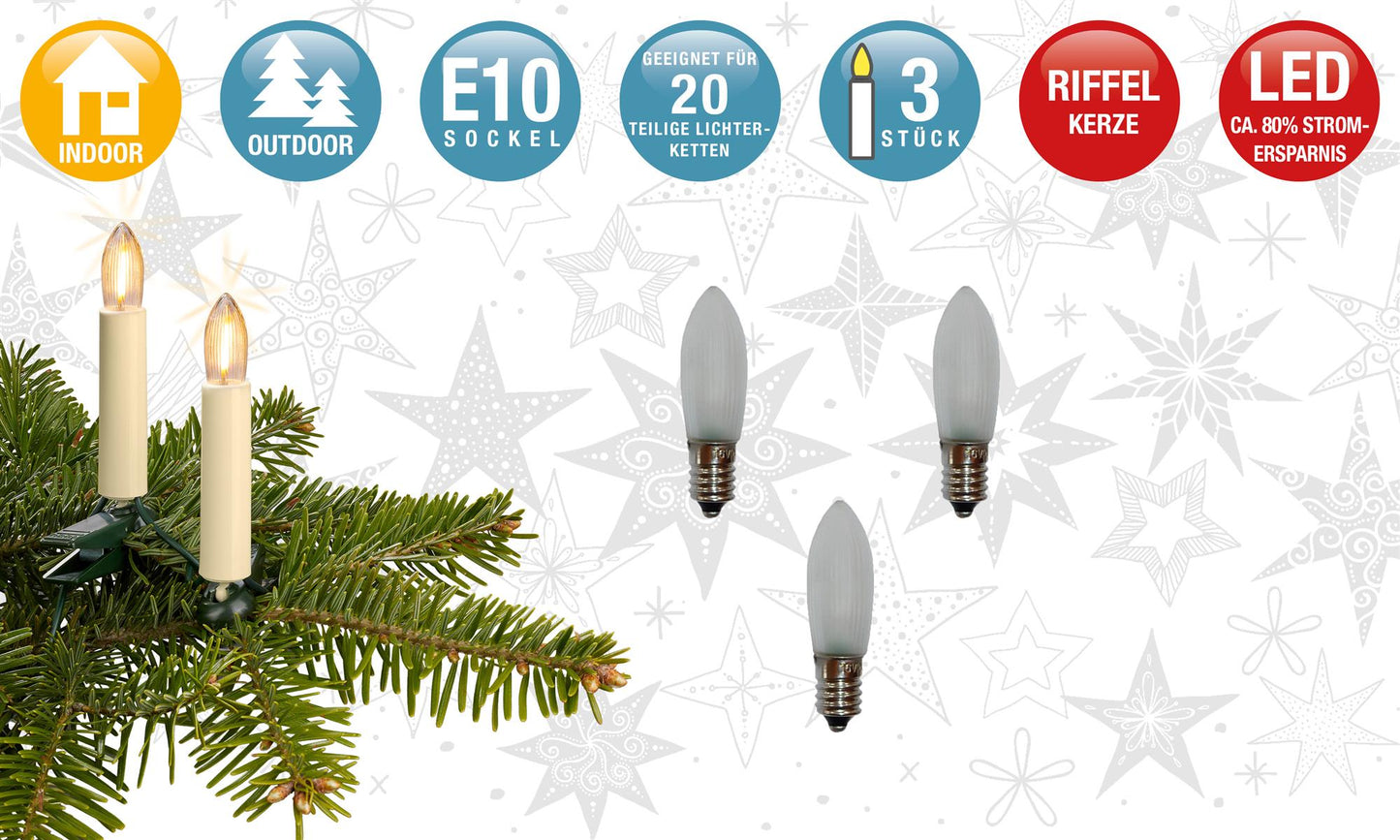 LED-Riffelkerze, warm-weiß, matte Kerze, 12 V / 0,1 W, 3er Blister