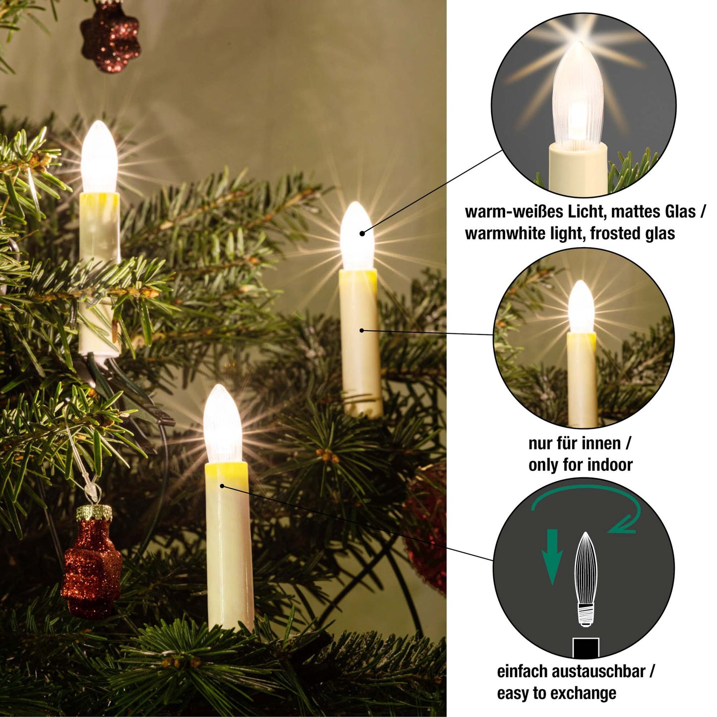 LED-Riffelkerze, warm-weiß, matte Kerze, 12 V / 0,1 W, 3er Blister
