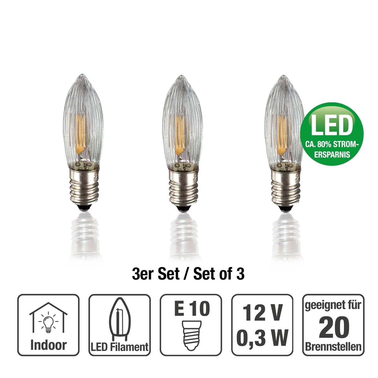 LED-Filament-Riffelkerze, warm-weiß, klare Kerzen, 12 V, 0,3 W, E10, 3er Blister