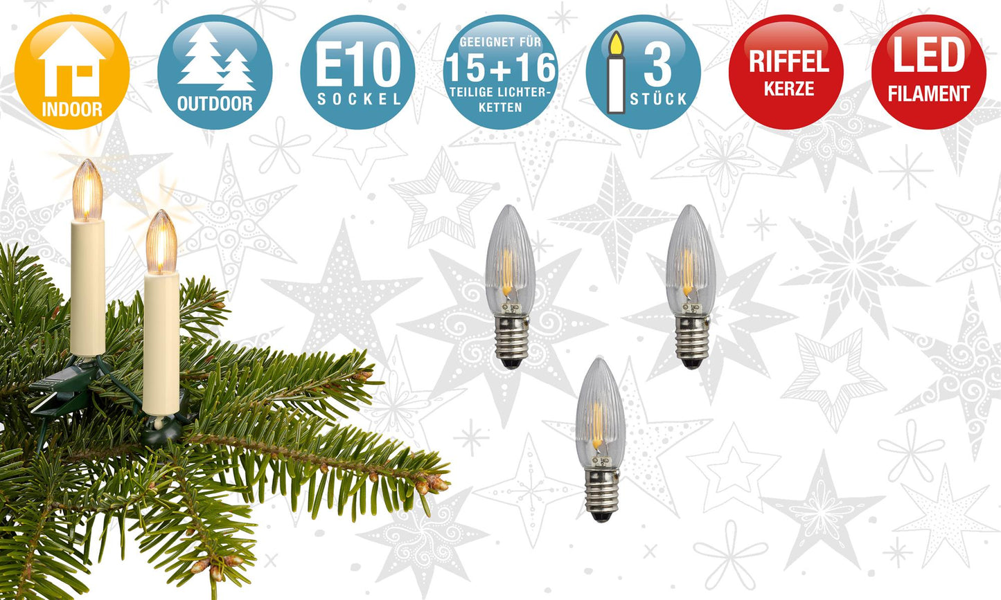 LED-Filament-Riffelkerzen, warm-weiß, matte Kerzen, 16V, 3er Blister