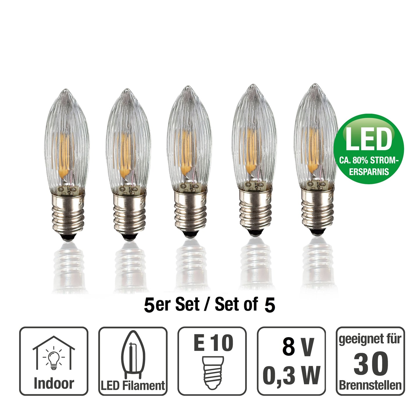LED-Filament-Riffelkerzen 8V 5er-Pack innen