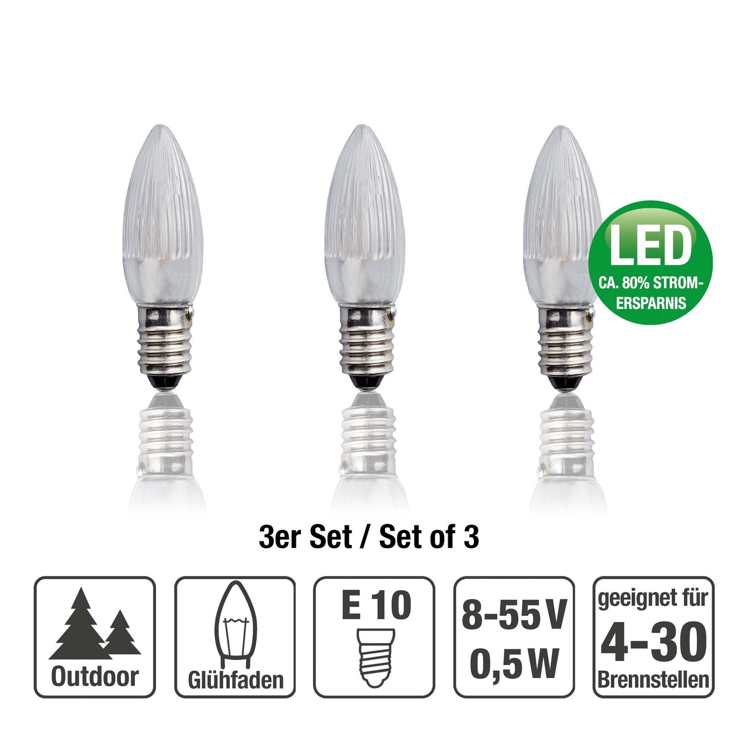 LED-Riffelkerze, warm-weiß, klare Kerze, 8 - 55 V, E10, 3er Blister