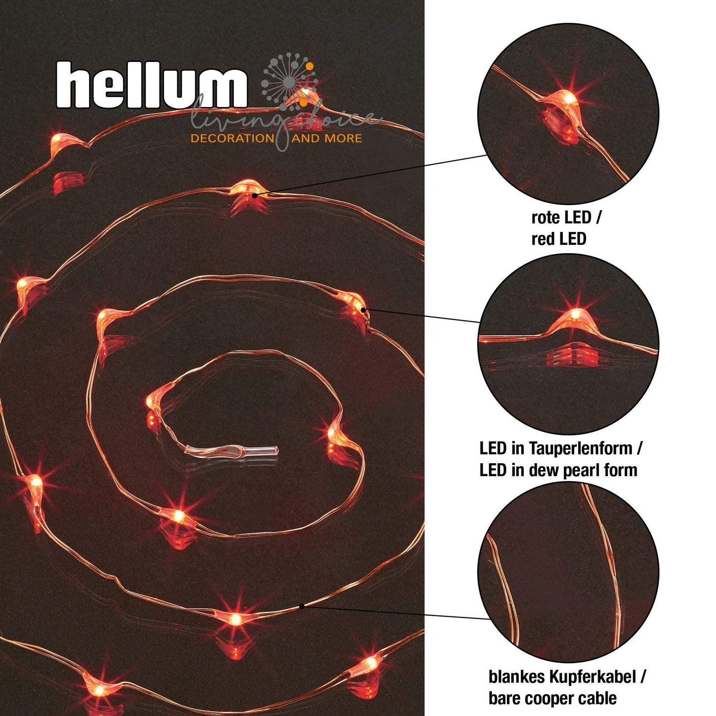 LED-Lichterkette, Kupferkabel, 20 LEDs rot, batteriebetrieben