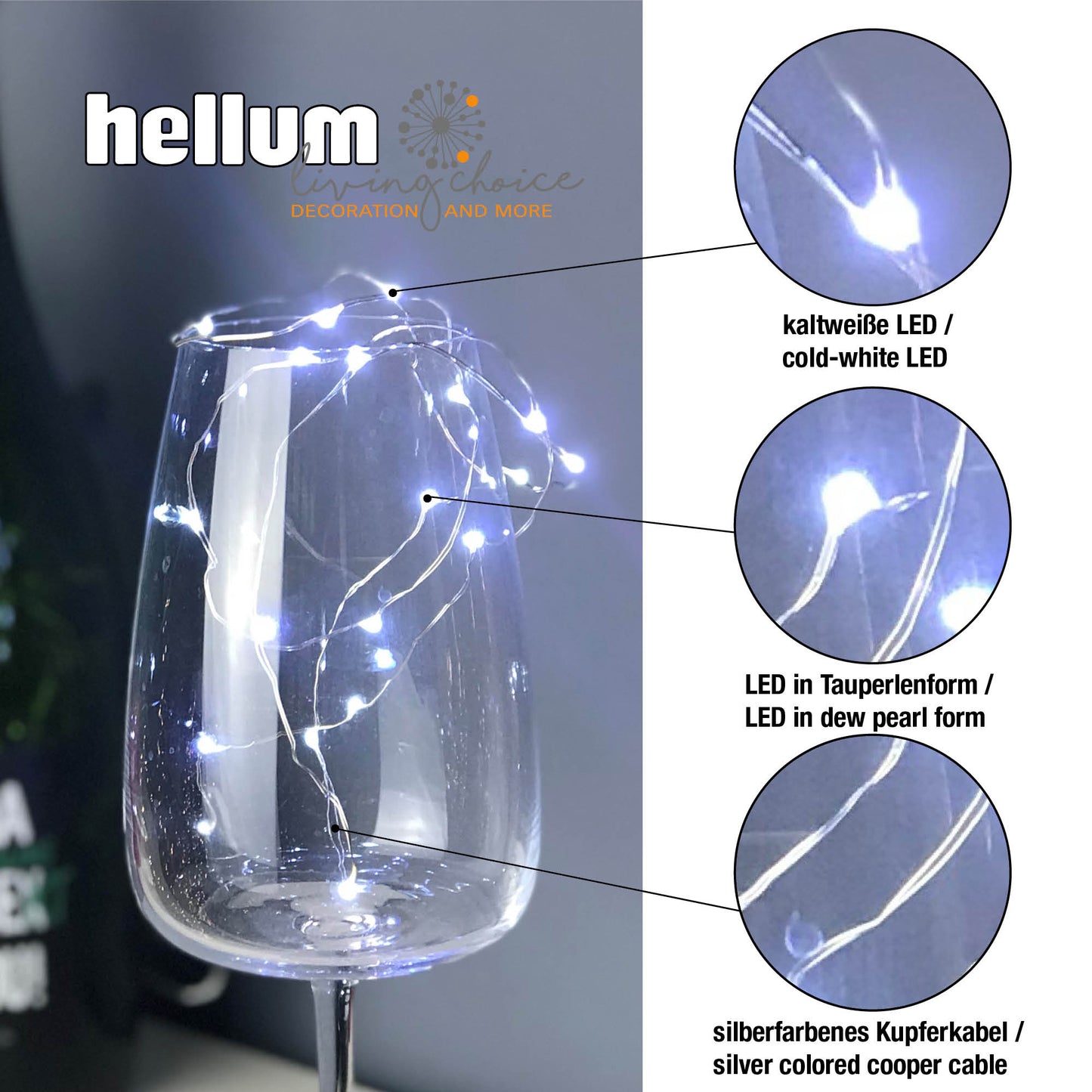 LED-Lichterkette, Kupferkabel, 20 LEDs weiß, batteriebetrieben