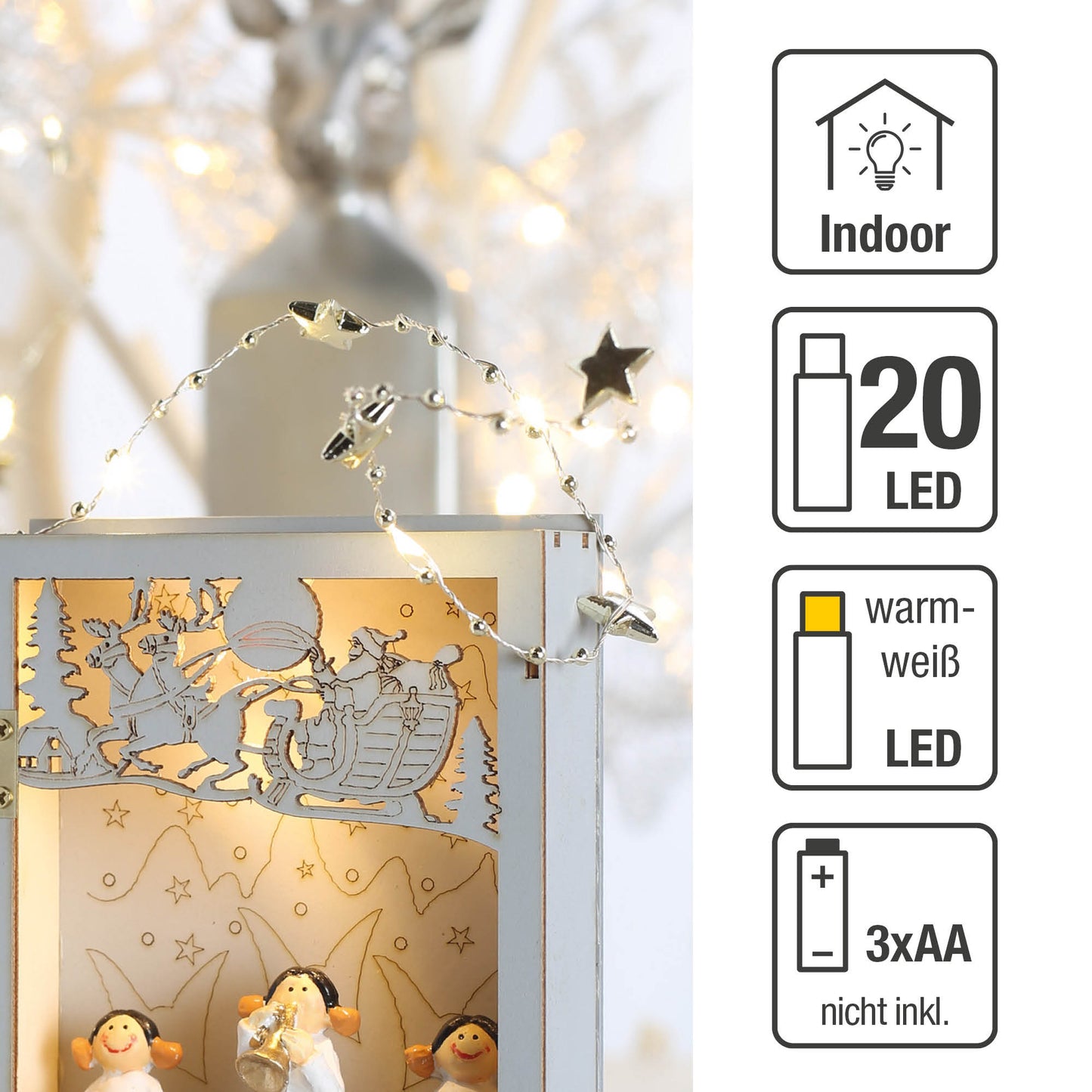 LED-Kupferkabel-Kette mit Sternen, 20 LEDs ww, batteriebetrieben