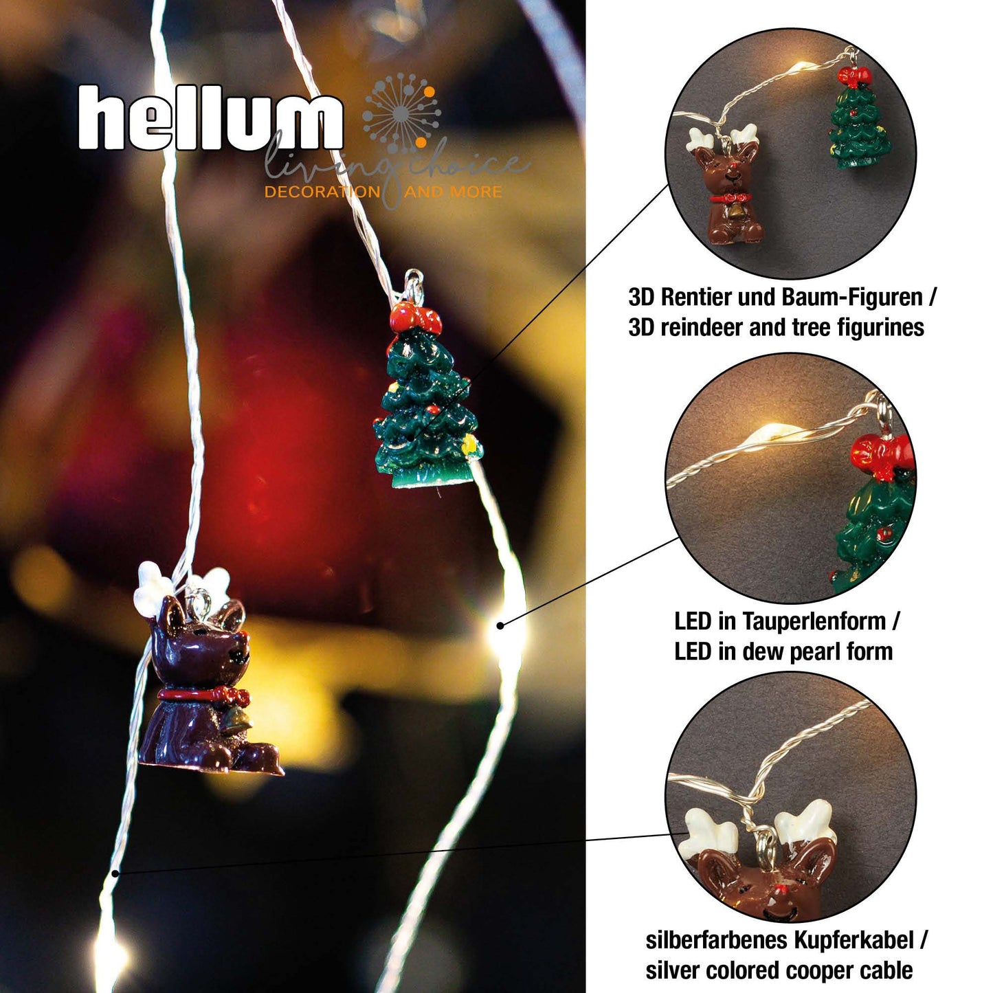 LED-Lichterkette, Kupferkabel, Rentiere und Bäume, 20 LEDs ww, batteriebetrieben