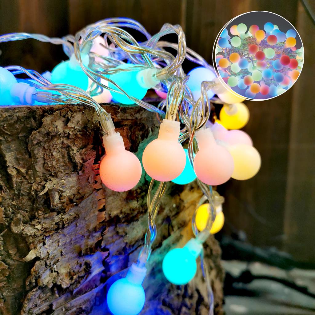 LED - Lichterkette mit Kugeln 100 LEDs bunt, auf Trommel, Außen-Transformator